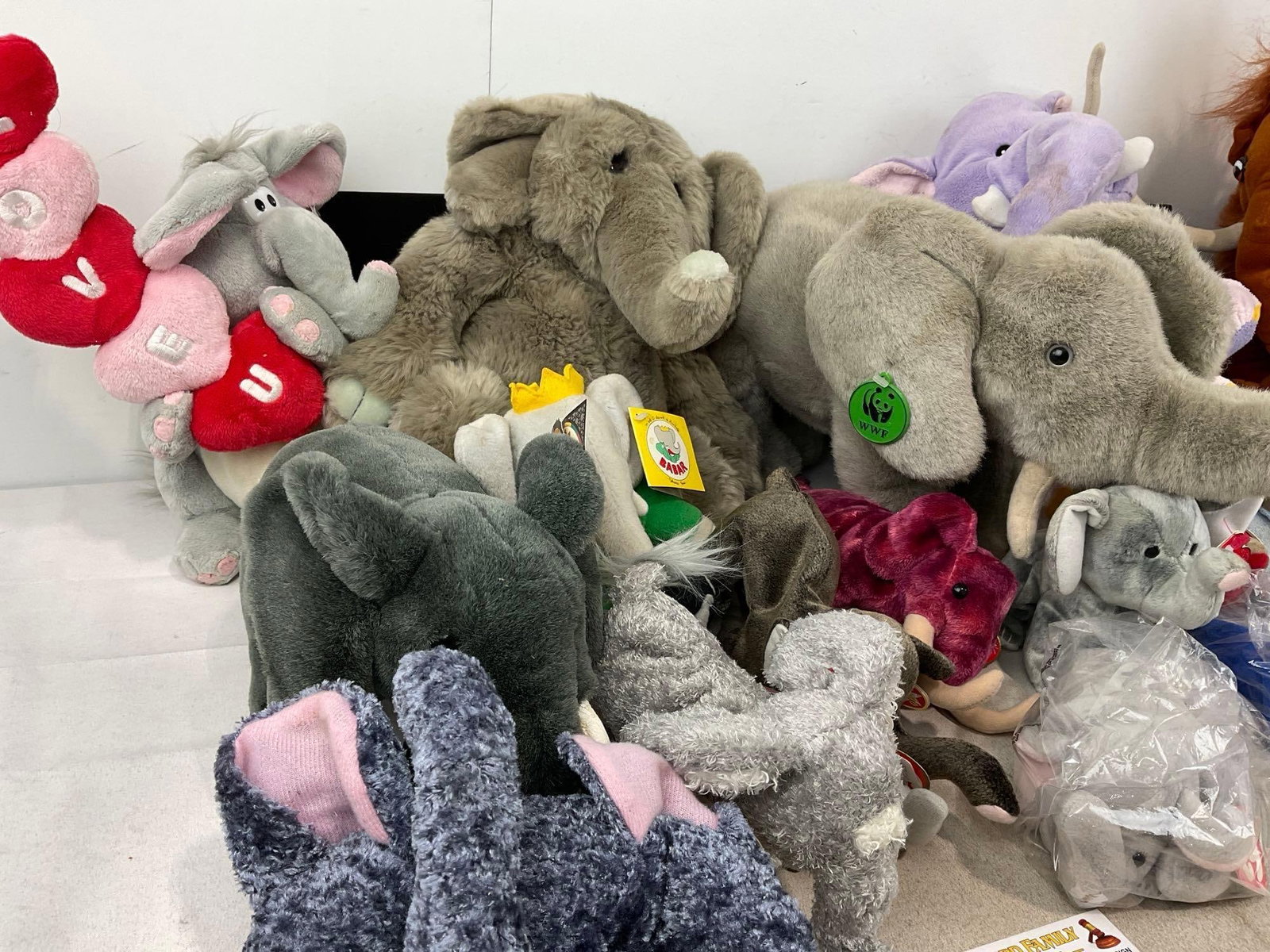 Several Elephant Plushes, Babar, Mammoth, Ty Beanie Babies, & more, approx 20 pieces - 2