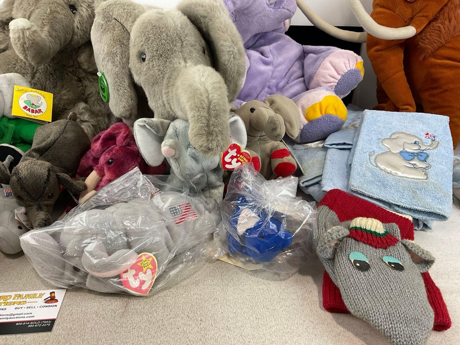 Several Elephant Plushes, Babar, Mammoth, Ty Beanie Babies, & more, approx 20 pieces - 3