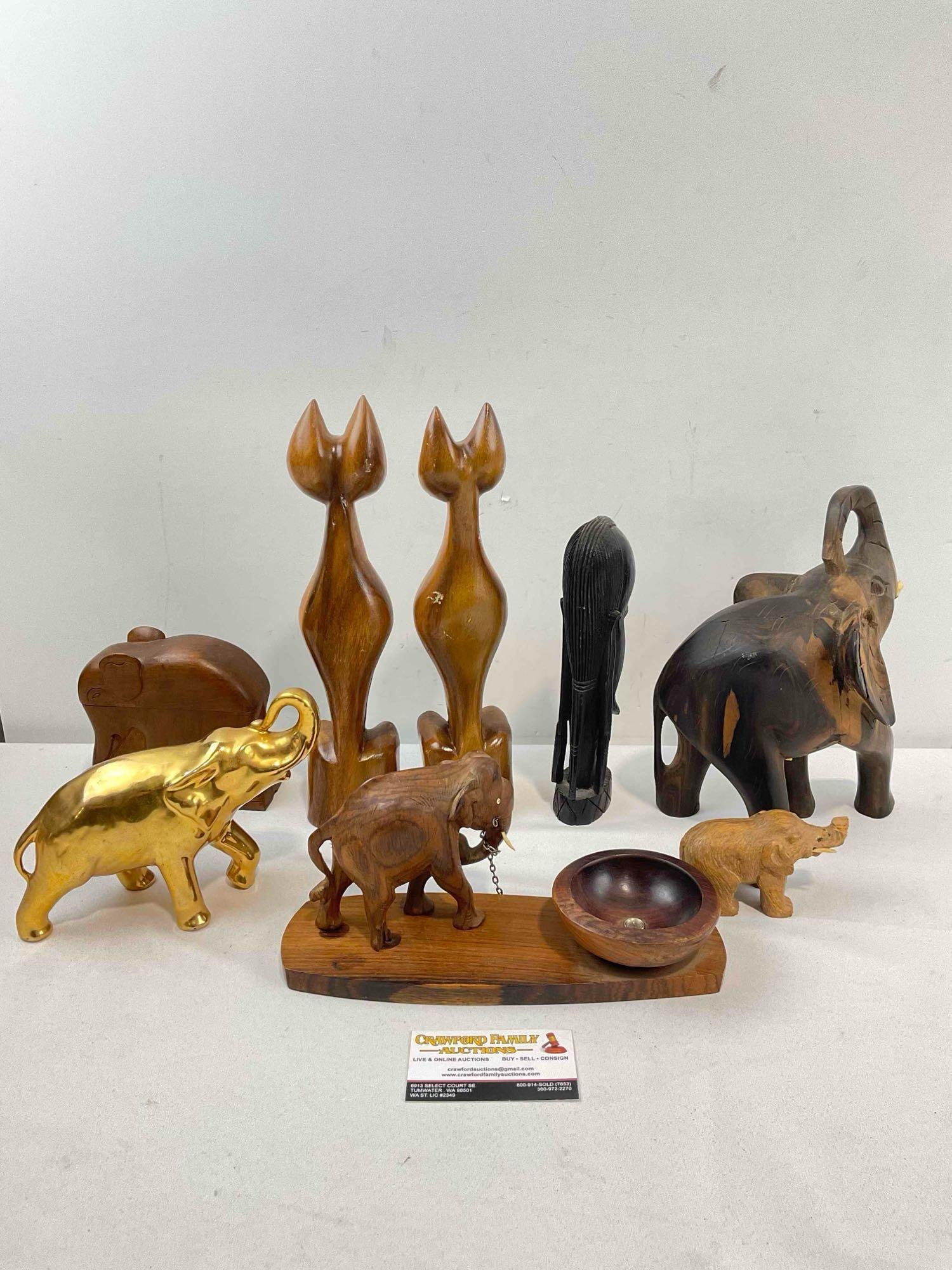 8 pcs Decorative Collectible Assortment, incl. Carved Wood Cats & Elephants & More! See pics. - 8