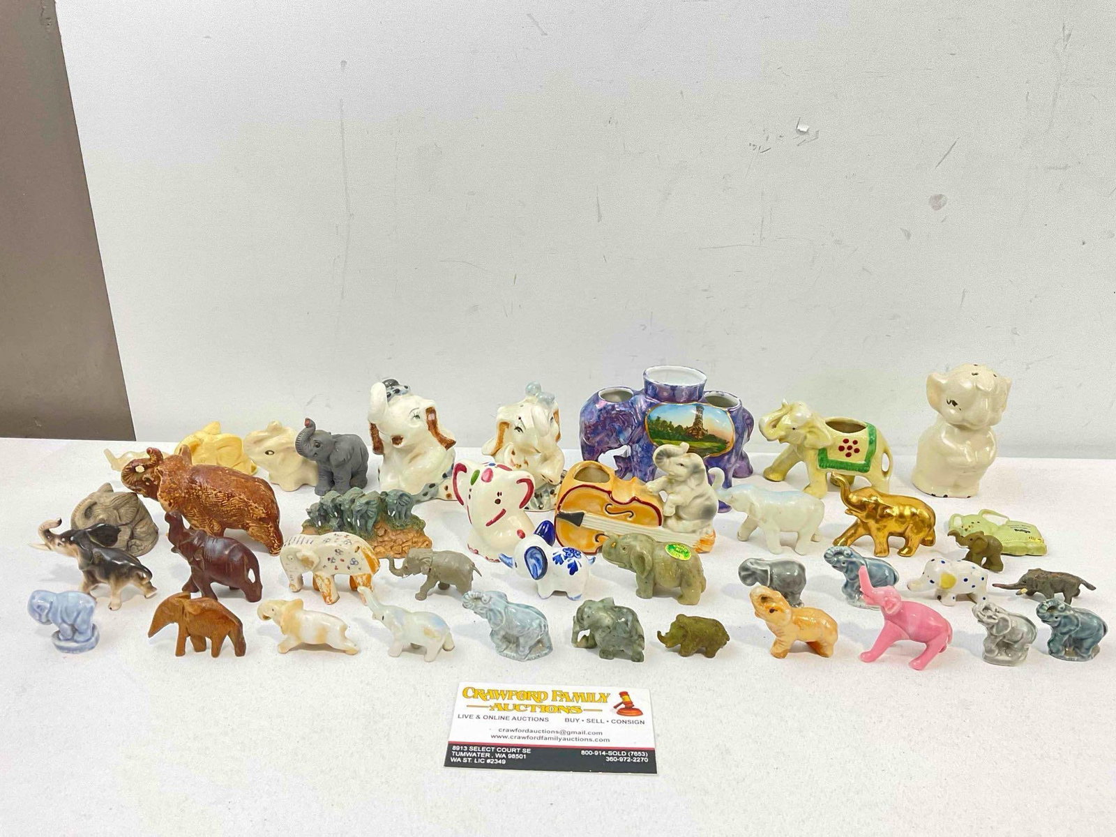 39 pcs Miniature Elephant Collection, incl. Ceramic, Glass, Resin, Wood, Stone & More! See pics.: 39 pcs Miniature Elephant Collection, incl. Ceramic, Glass, Resin, Wood, Stone & More! Many different styles, colors and makers. Minor wear indicative of age and use, otherwise look to be in good