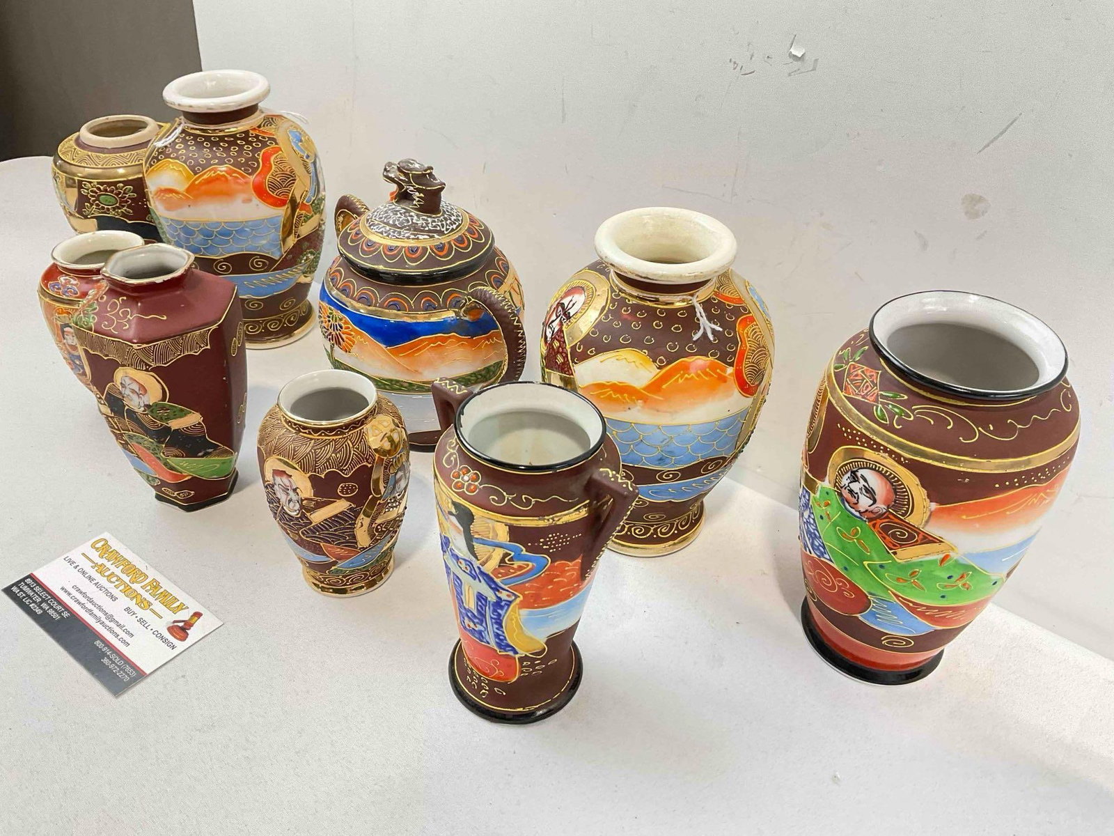 9 pcs Vintage Japanese Hand Painted Brown Pottery Collection, incl. Vases, Jar & More! See pics. - 2