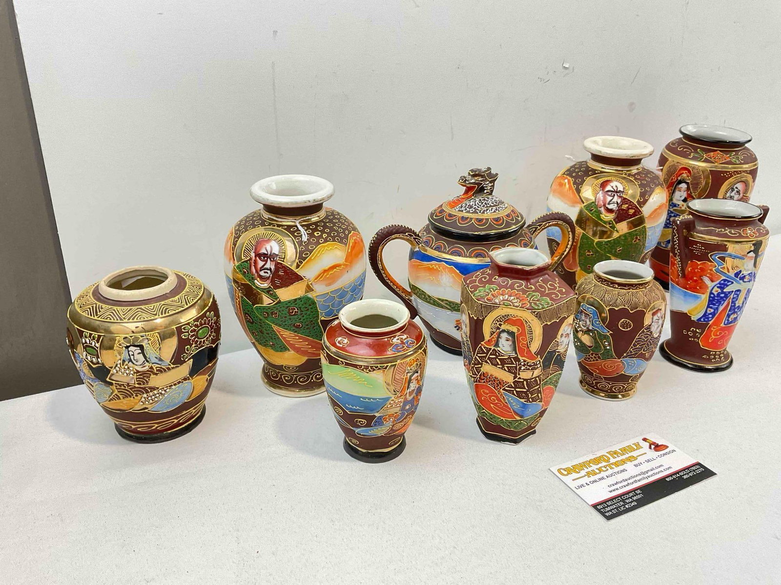 9 pcs Vintage Japanese Hand Painted Brown Pottery Collection, incl. Vases, Jar & More! See pics. - 3