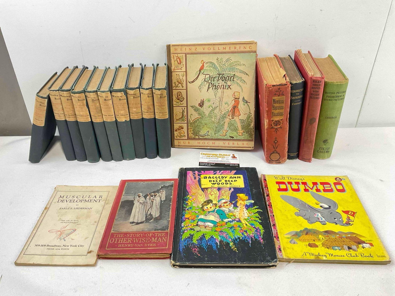 19 pcs Vintage Book Collection, incl. Walt Disney's Dumbo, Raggedy Ann by Johnny Gruelle.: 19 pcs Vintage Book Collection, incl. Walt Disney's Dumbo, Raggedy Ann by Johnny Gruelle. Pieces have wear indicative of age and use, otherwise look to be in fair condition. Fits in box