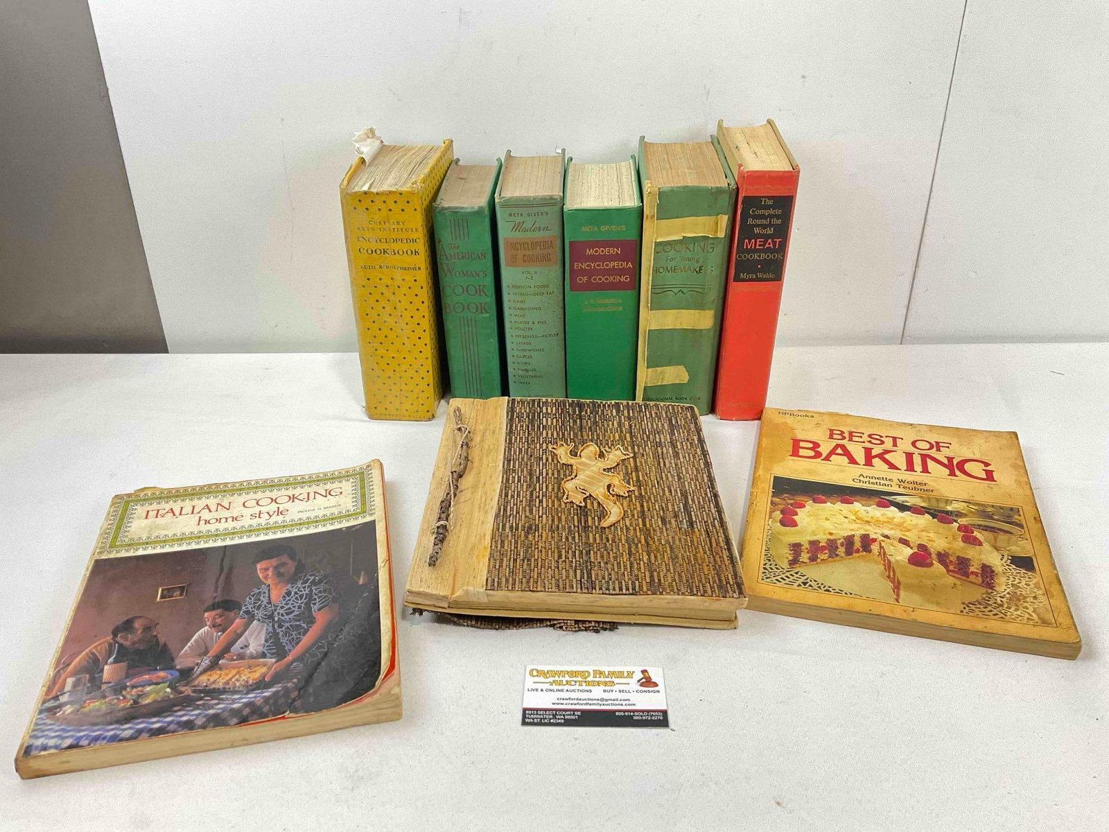 9 pcs Vintage Book Collection, incl. 8x Cookbooks & 1x Photo Album. Fair Condition. See pics.: 9 pcs Vintage Book Collection, incl. 8x Cookbooks & 1x Photo Album. Fair Condition. Pieces have wear indicative of age and use, otherwise look to be in fair condition. Fits in a box measuring 12"