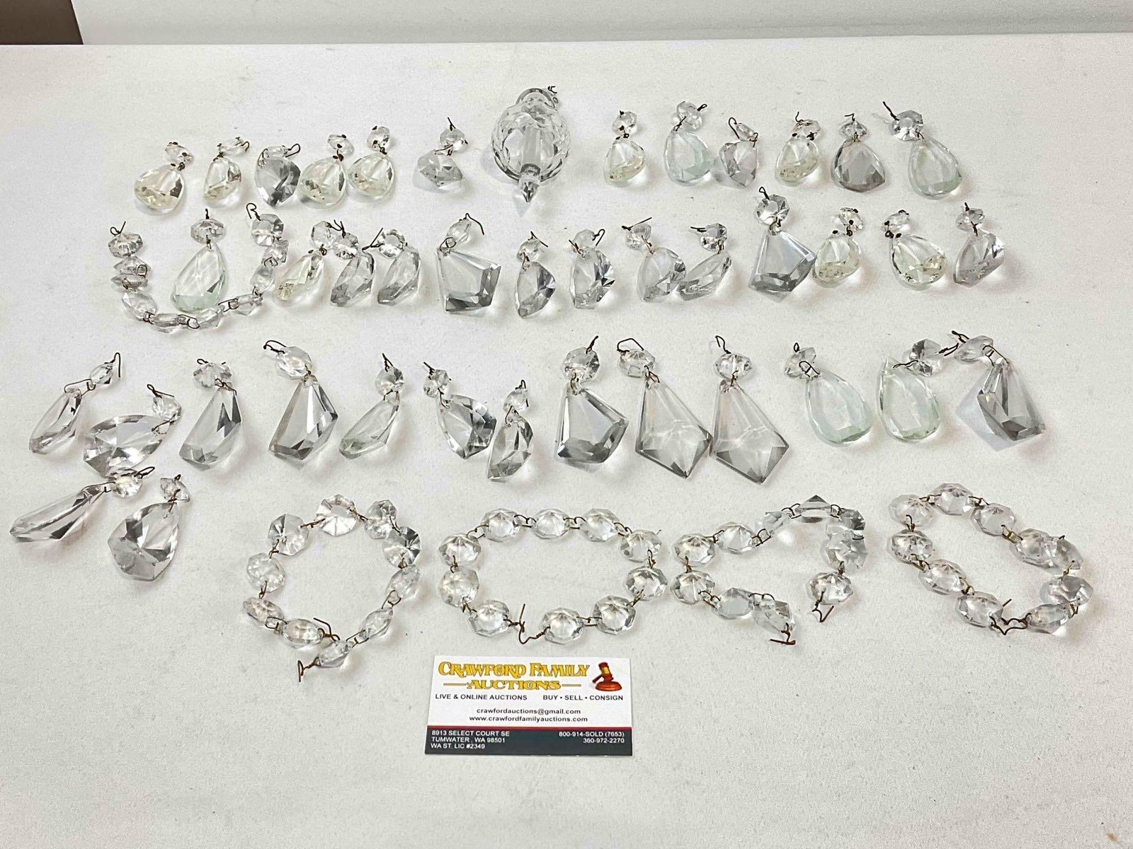 46 pcs Vintage Glass Chandelier Crystal Collection. Good Condition. See pics.: 46 pcs Vintage Glass Chandelier Crystal Collection. Good Condition. minor wear indicative of age and use, otherwise looks to be in good condition. Fits in a box measuring 7" x 11" x 4" Dm-6230