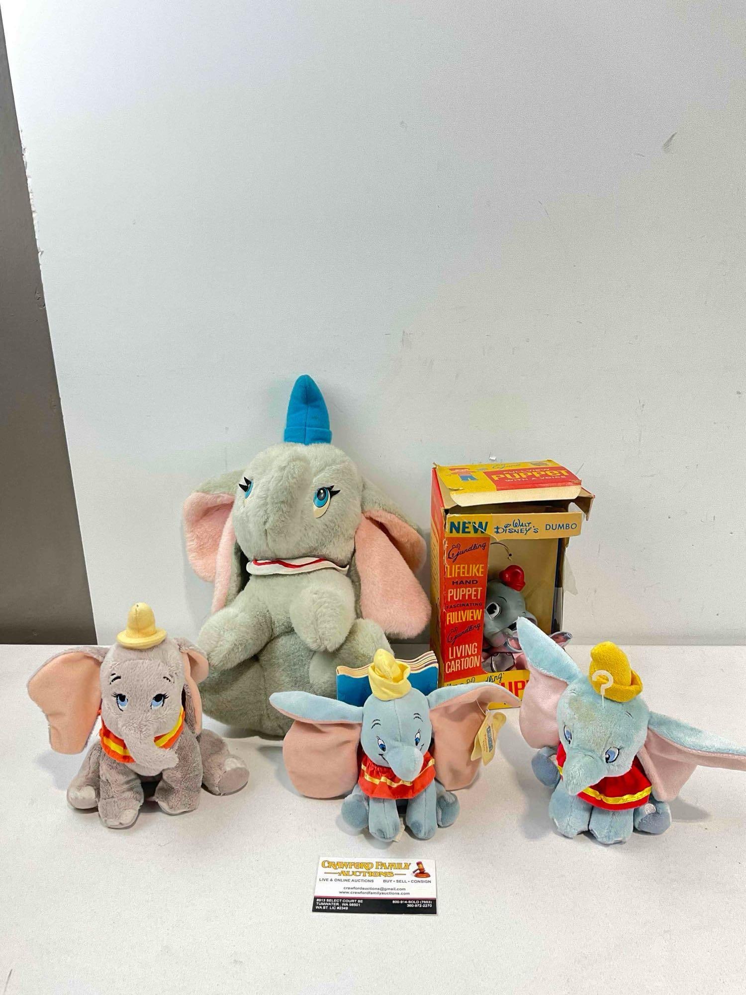 5 pcs Vintage Walt Disney's Dumbo the Elephant Toys, incl. Gundling Hand Puppet & More!: 5 pcs Vintage Walt Disney's Dumbo the Elephant Toys, incl. Gundling Hand Puppet & More! Pieces have wear indicative of age and use, otherwise looks to be in fair condition. Fits in a box measuring