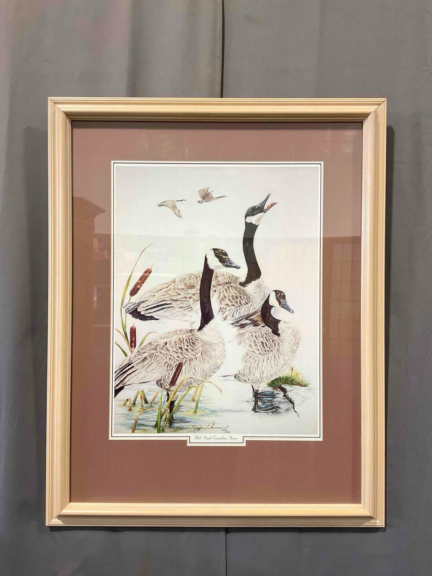 Vintage Framed Lithograph "Mill Pond Canadian Geese" Signed by Artist Ltd. Ed. 407/500.: Vintage Framed Lithograph "Mill Pond Canadian Geese" Signed by Artist Ltd. Ed. 407/500. Kathryn Pfeiffer Chouinard, 407/500. In wooden frame with glass pane and custom matting. Looks to be in good