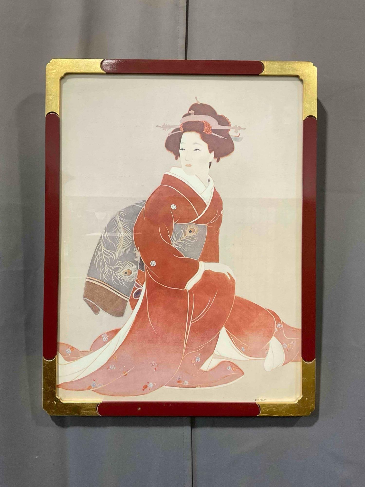 Vintage Framed Lithograph of Japanese Geisha in Red Kimono, Signed Chaplan. See pics.: Vintage Framed Lithograph of Japanese Geisha in Red Kimono, Signed Chaplan. Measures 20" x 26" x 3" Minor wear indicative of age and use, otherwise looks to be in good condition. In painted wooden