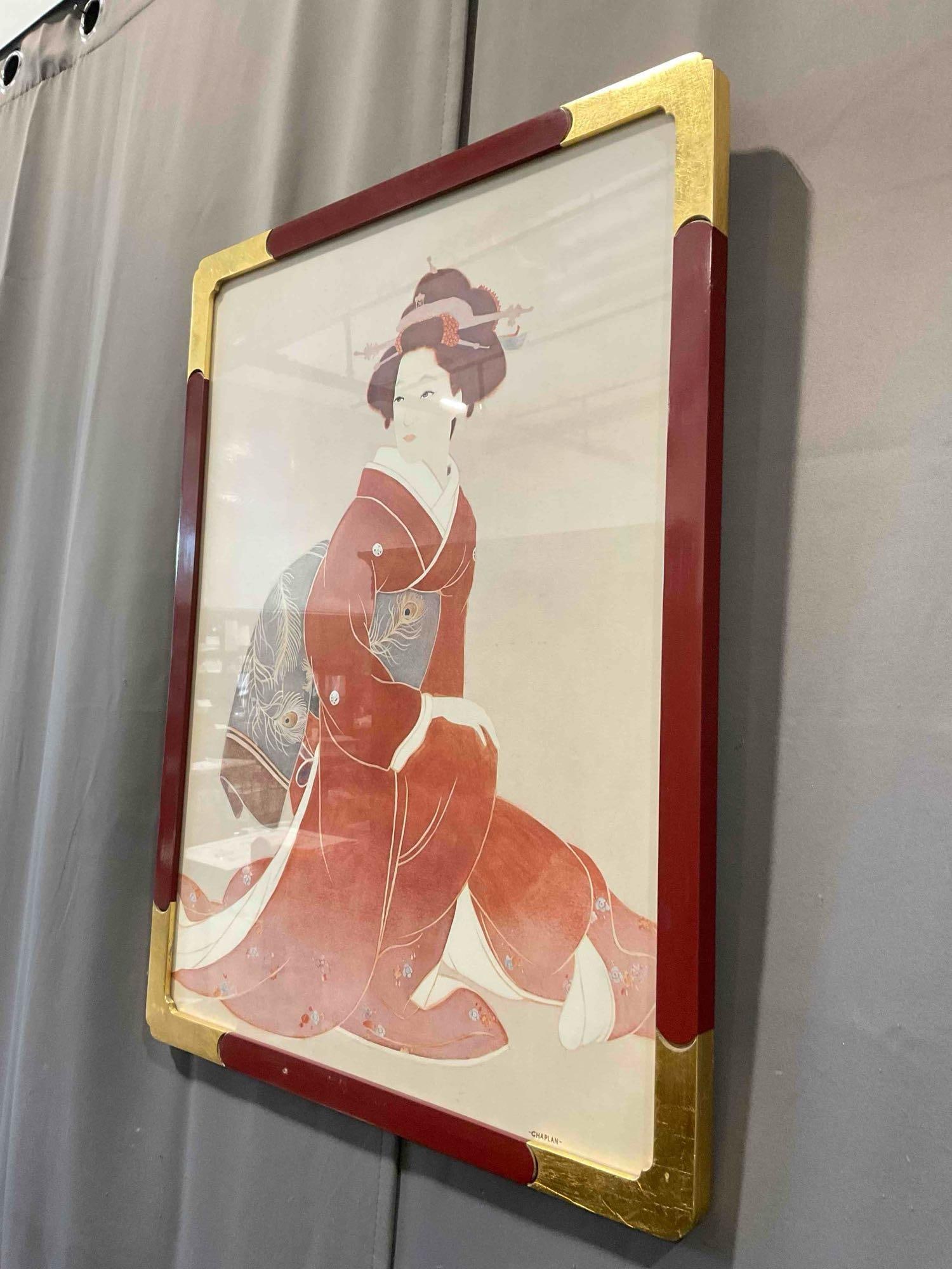 Vintage Framed Lithograph of Japanese Geisha in Red Kimono, Signed Chaplan. See pics. - 2