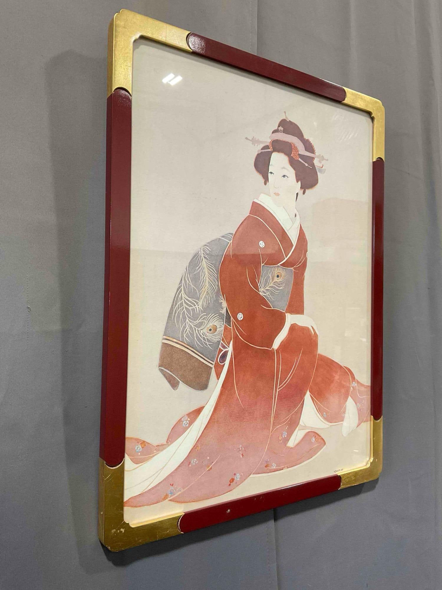 Vintage Framed Lithograph of Japanese Geisha in Red Kimono, Signed Chaplan. See pics. - 3