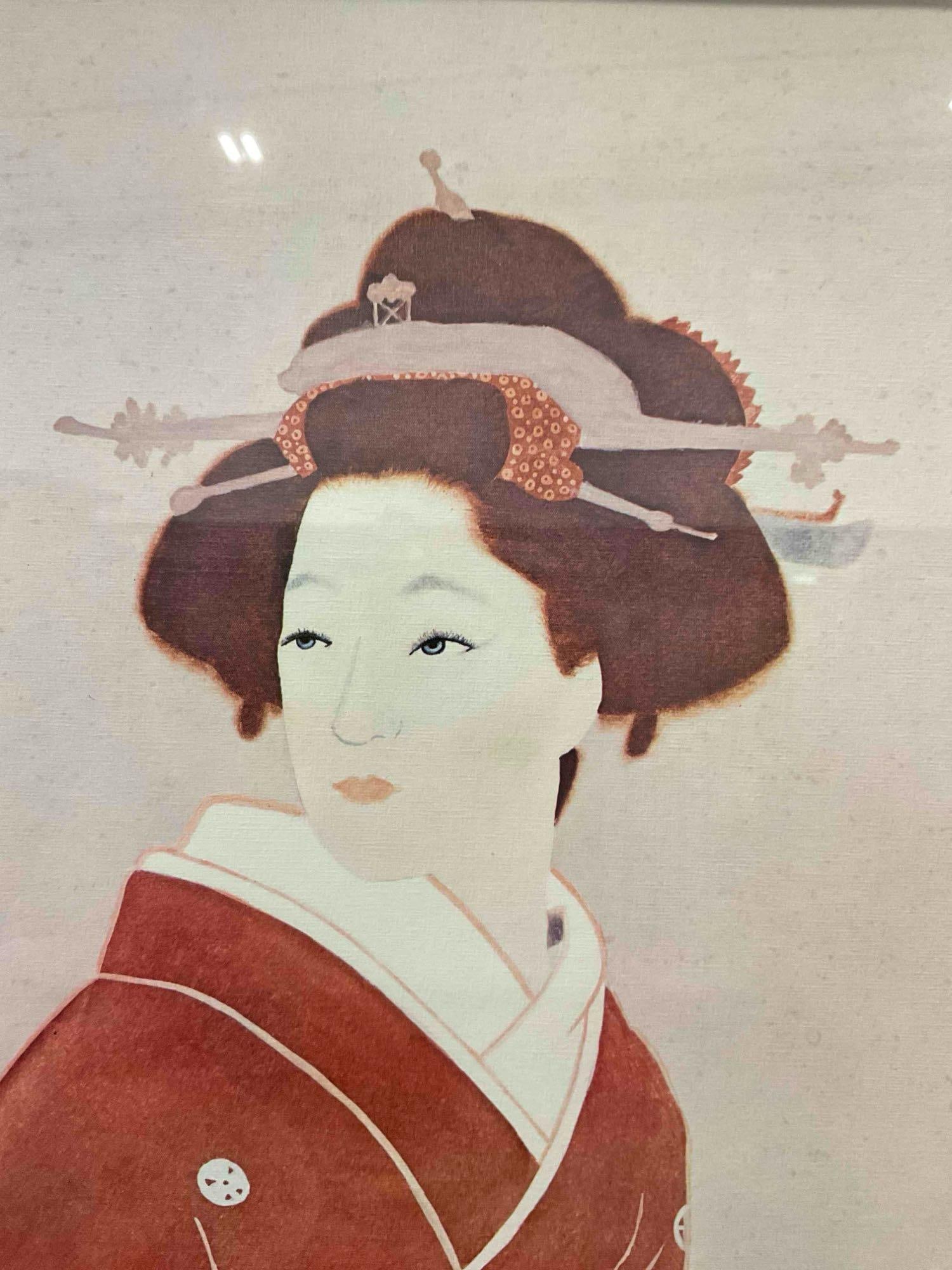 Vintage Framed Lithograph of Japanese Geisha in Red Kimono, Signed Chaplan. See pics. - 4