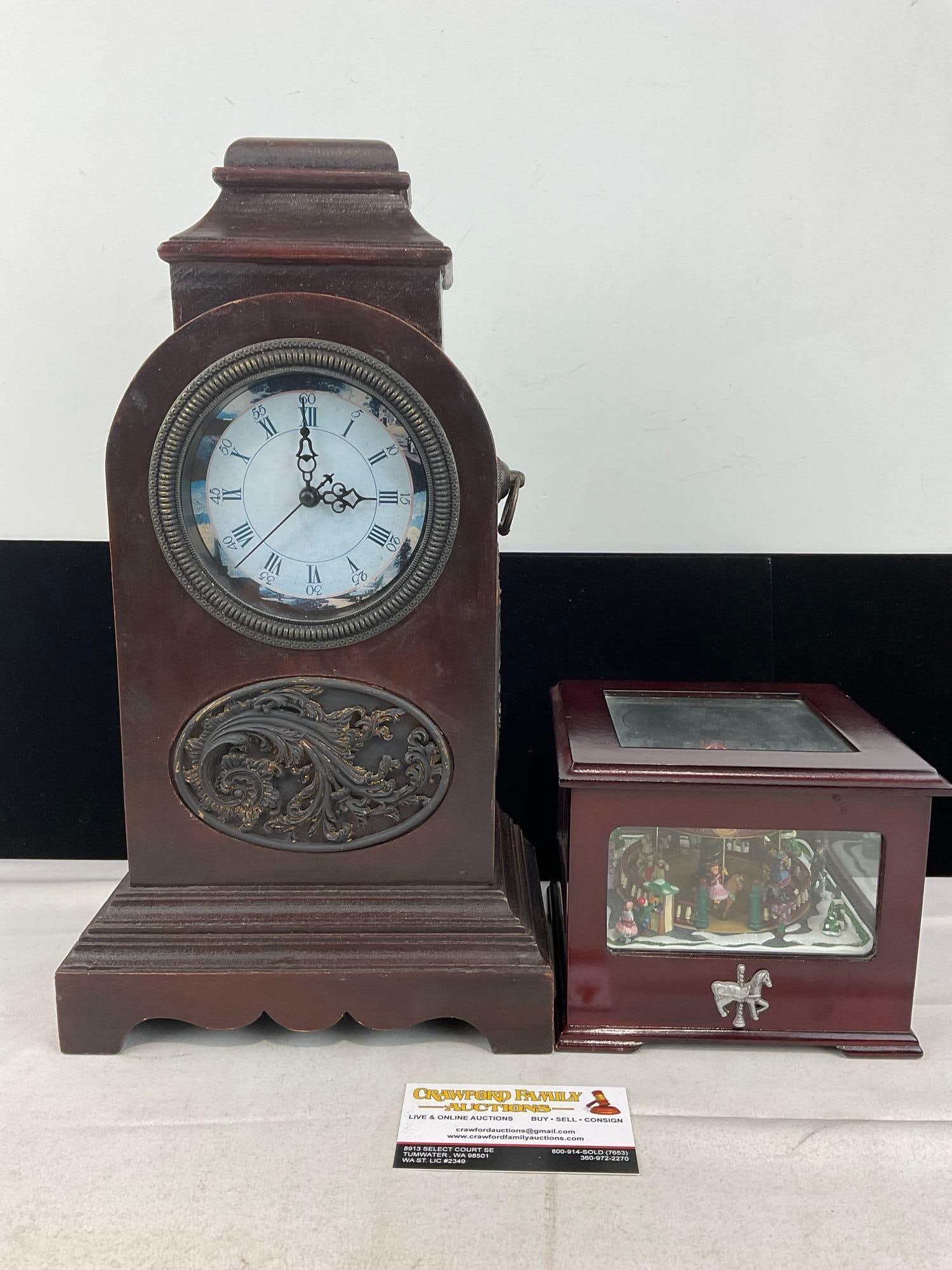 Three Hands Corp Mantel Clock & Mr. Christmas Carousel Music Box: Appears to be in good shape. The piece measures approx 11h x 15w x 9d inches. See pics. E-6240