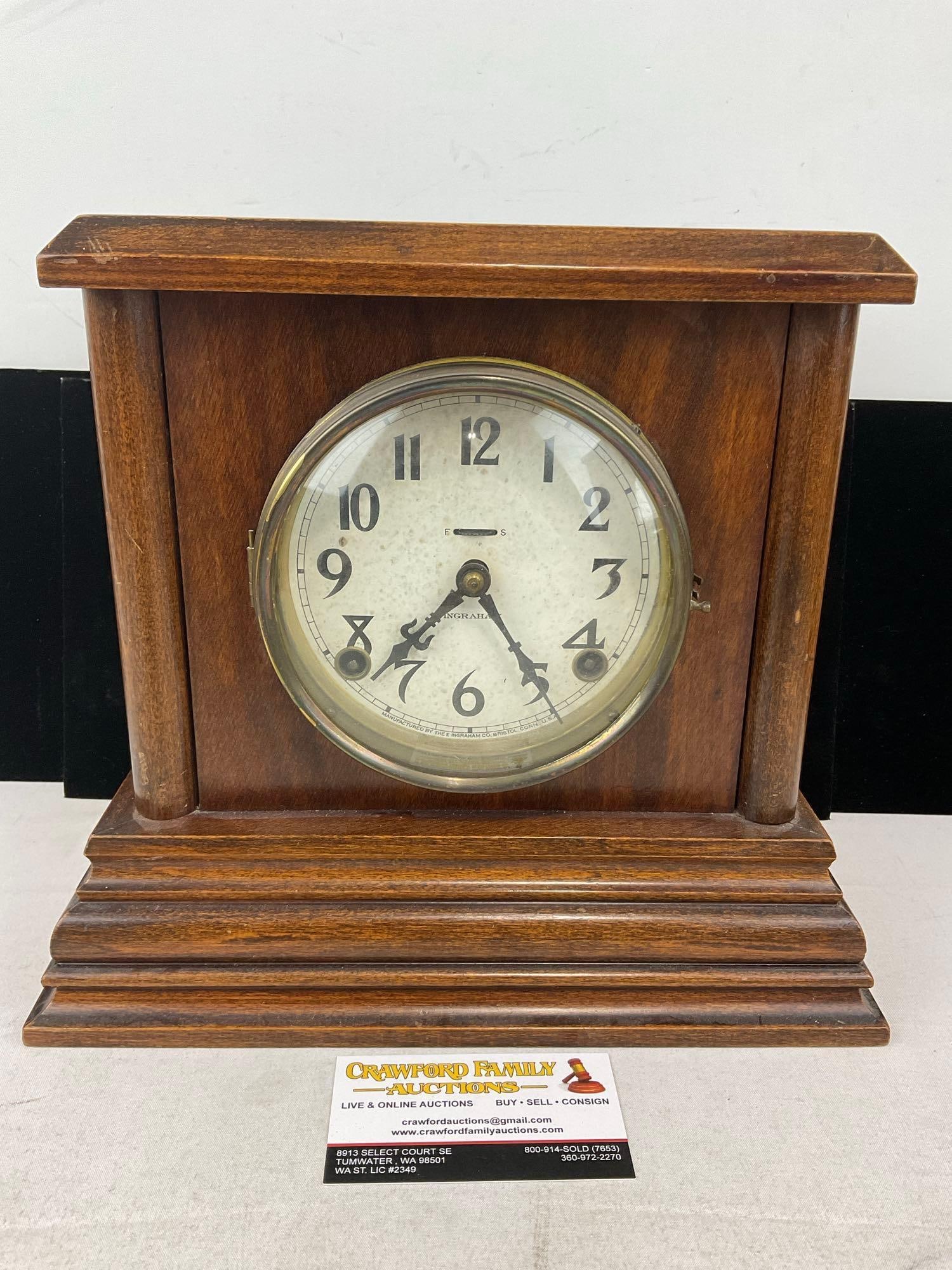 Early 20th Century E. Ingraham Co Mantel Clock, Time Strike, 11x12x7 inches: Appears to be in good shape. The piece measures approx 11h x 12w x 7d inches. See pics. E-6240