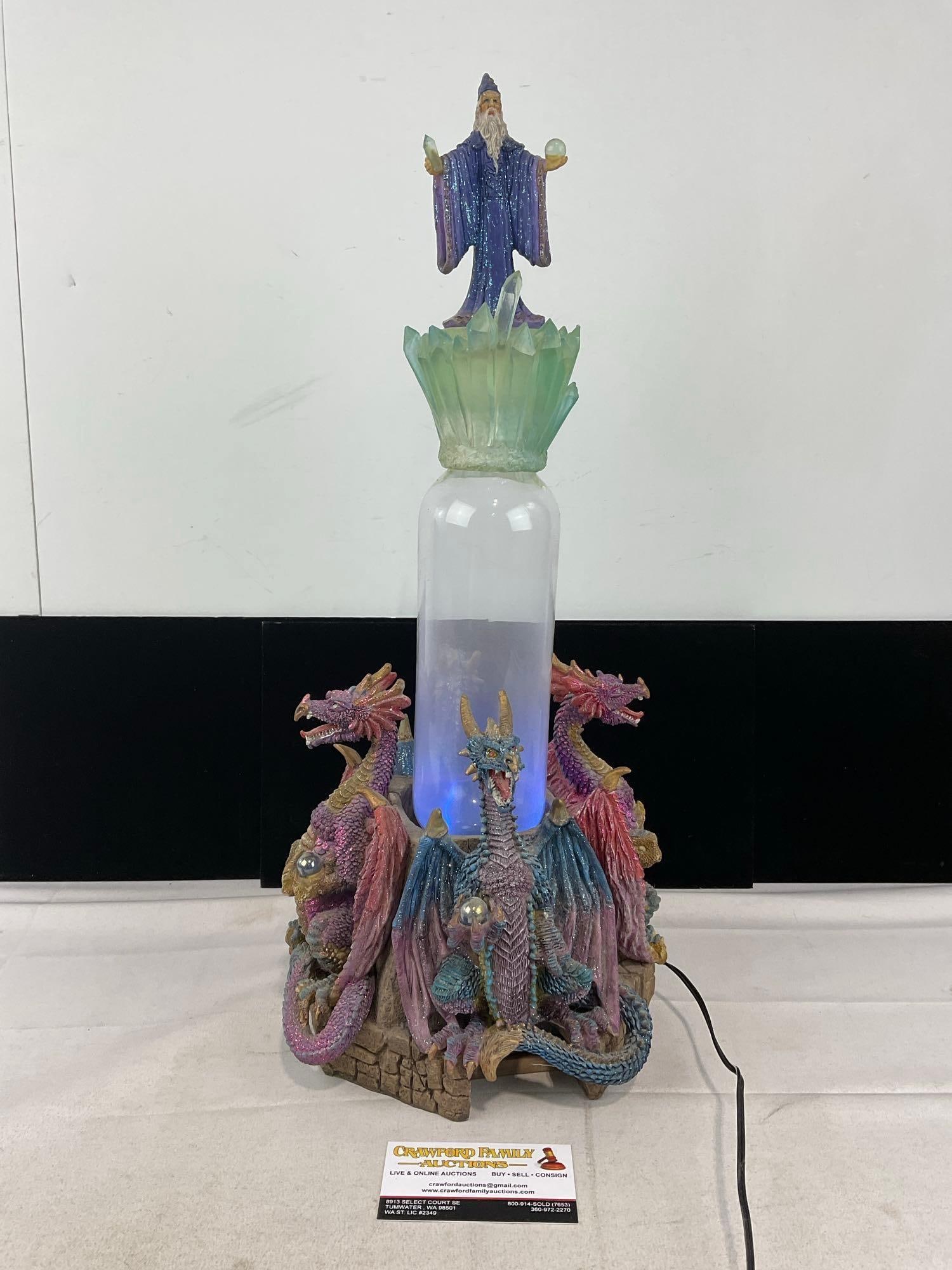 Fantasy Wizard & 4 Dragon Resin Figure w/Plasma style lightning Lamp, 19h x 13w x 13d inches: Appears to be in good shape. The piece measures approx 19h x 13w x 13d inches inches. See pics. E-6240