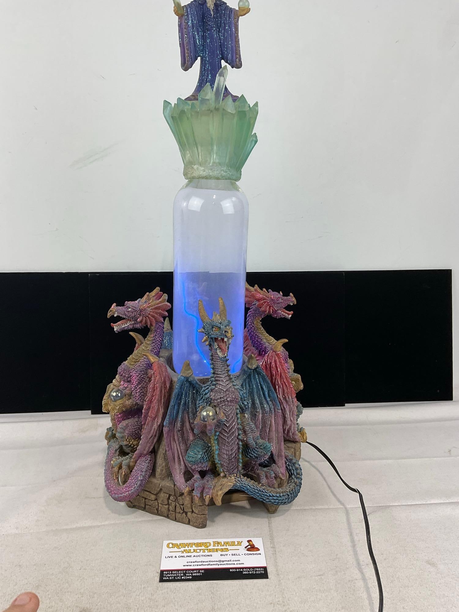 Fantasy Wizard & 4 Dragon Resin Figure w/Plasma style lightning Lamp, 19h x 13w x 13d inches - 4