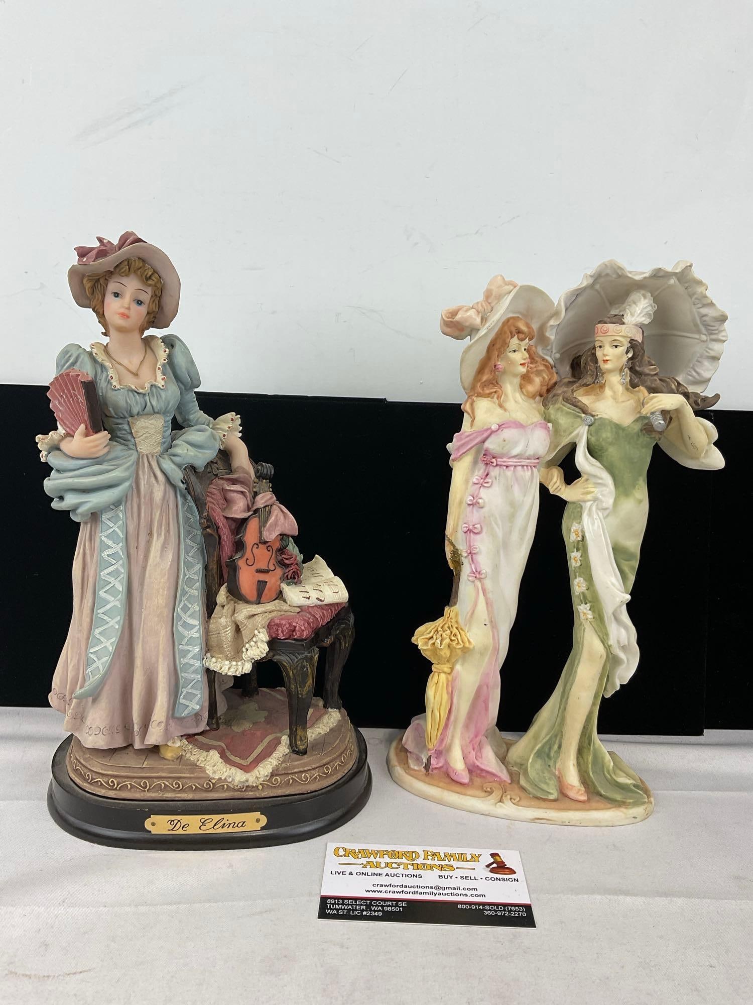 De Elina Victorian Lady w/Violin by Turtle King Corp & Two Women from The Mirella Collection: Appears to be in good shape. The piece measures approx 12h x 8w x 8d inches. See pics. E-6240
