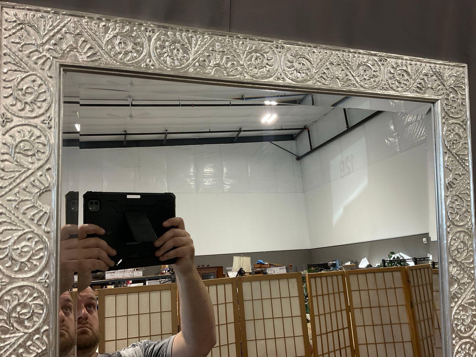 Tall Rectangular Mirror, Embossed Silver Painted Frame, 55x30 inches - 2