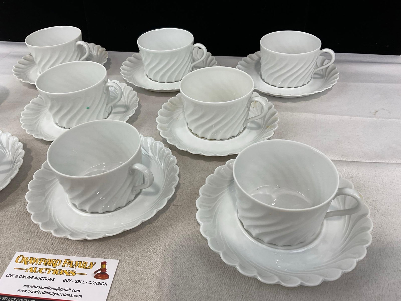 Haviland Limoges Porcelain China, Torse Blanc pattern, 9 cups, & 8 saucers, a couple chips - 3