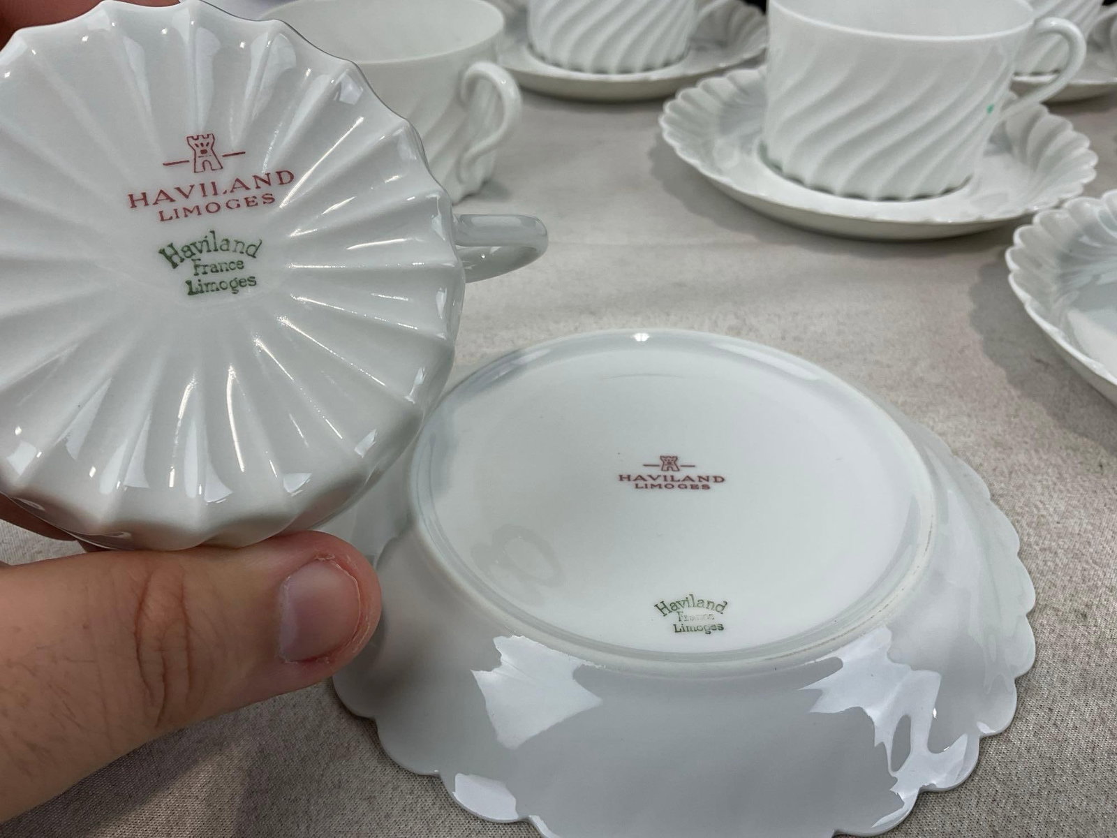 Haviland Limoges Porcelain China, Torse Blanc pattern, 9 cups, & 8 saucers, a couple chips - 4