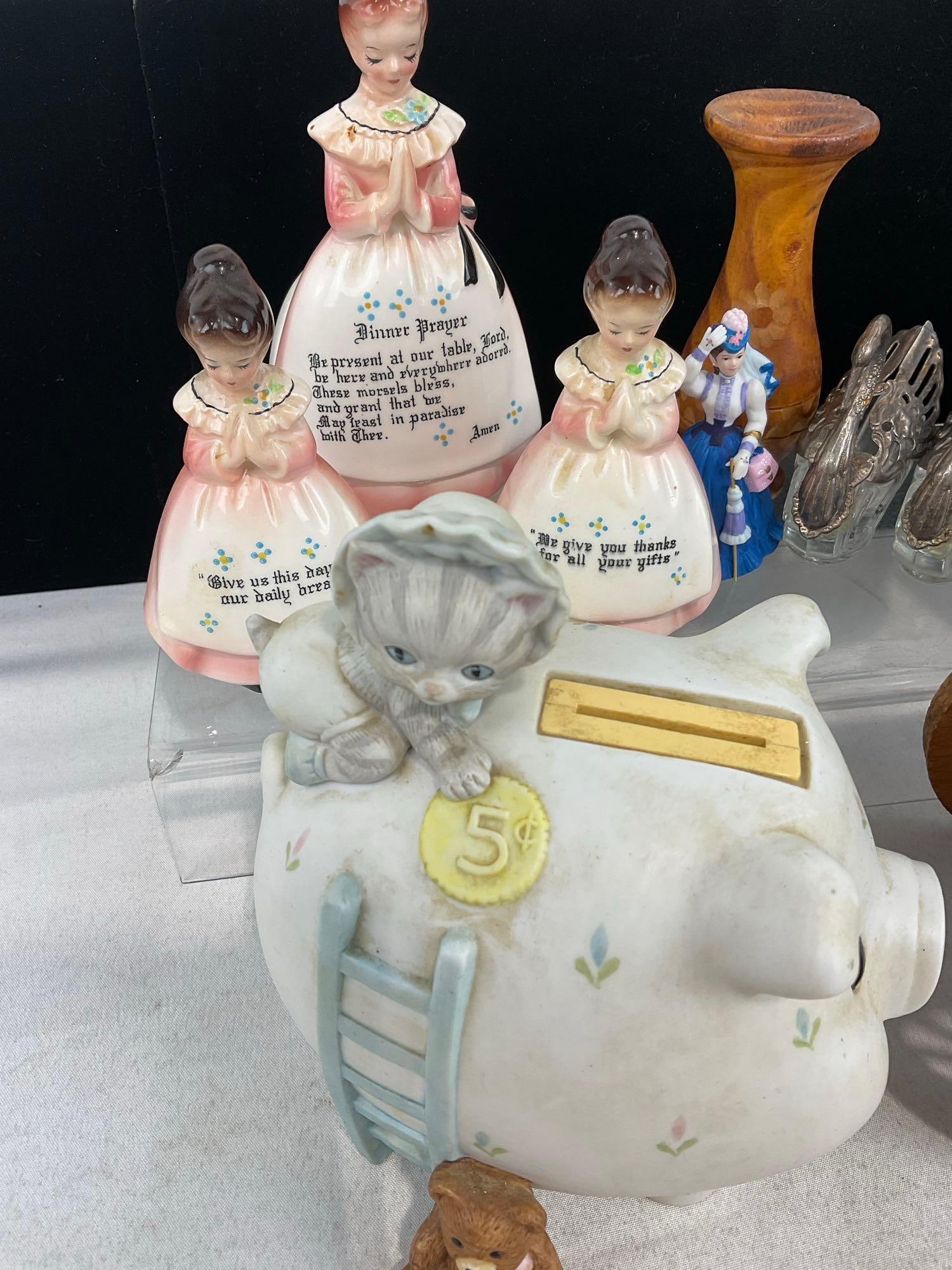 Piggy Bank, Wooden Cart Figure, Vintage Praying Woman Figures & Napkin Holder, Wooden Vase & more - 2