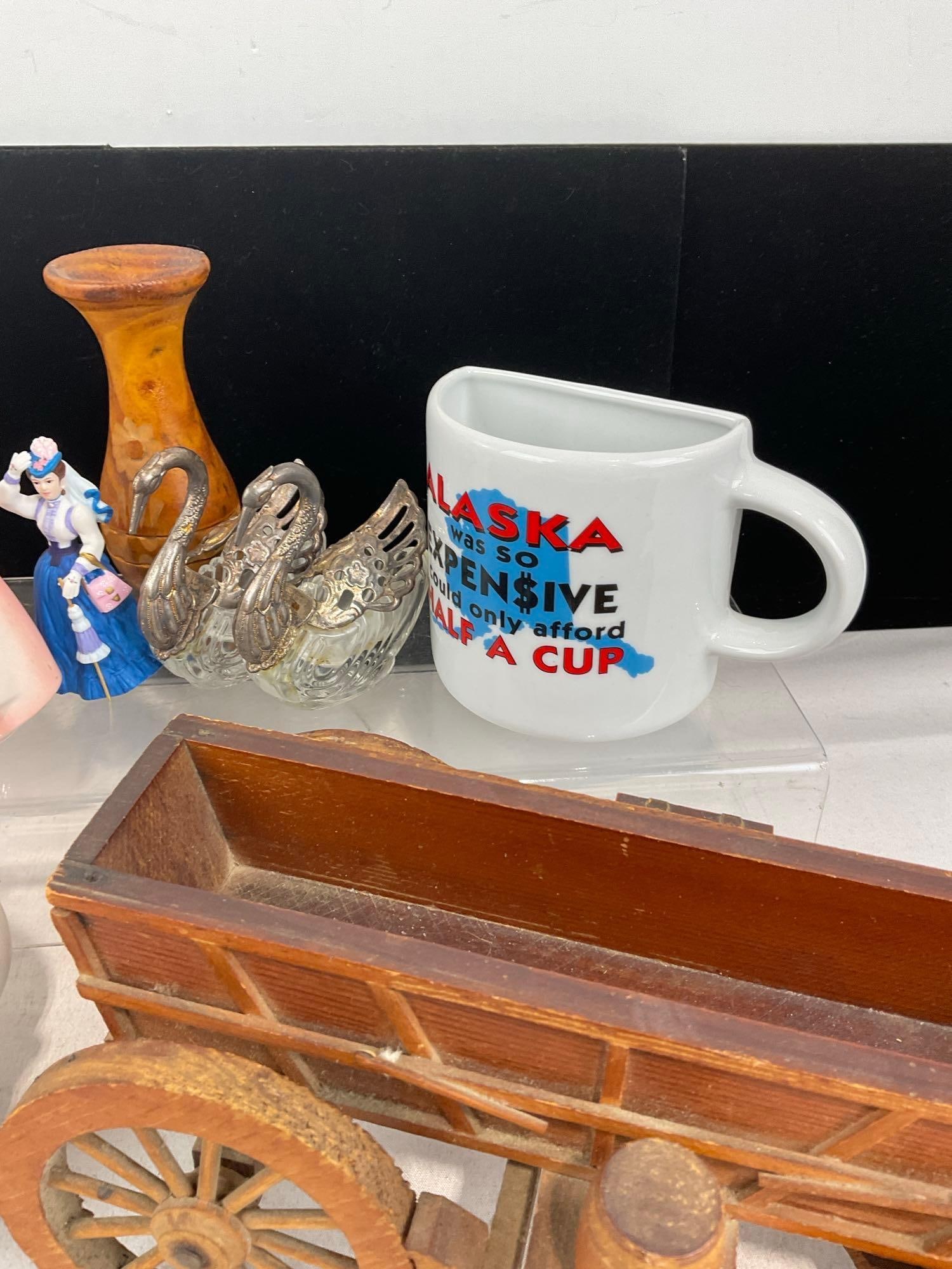 Piggy Bank, Wooden Cart Figure, Vintage Praying Woman Figures & Napkin Holder, Wooden Vase & more - 3