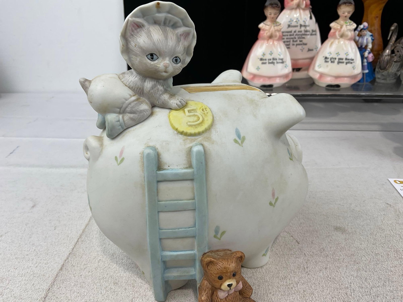 Piggy Bank, Wooden Cart Figure, Vintage Praying Woman Figures & Napkin Holder, Wooden Vase & more - 4