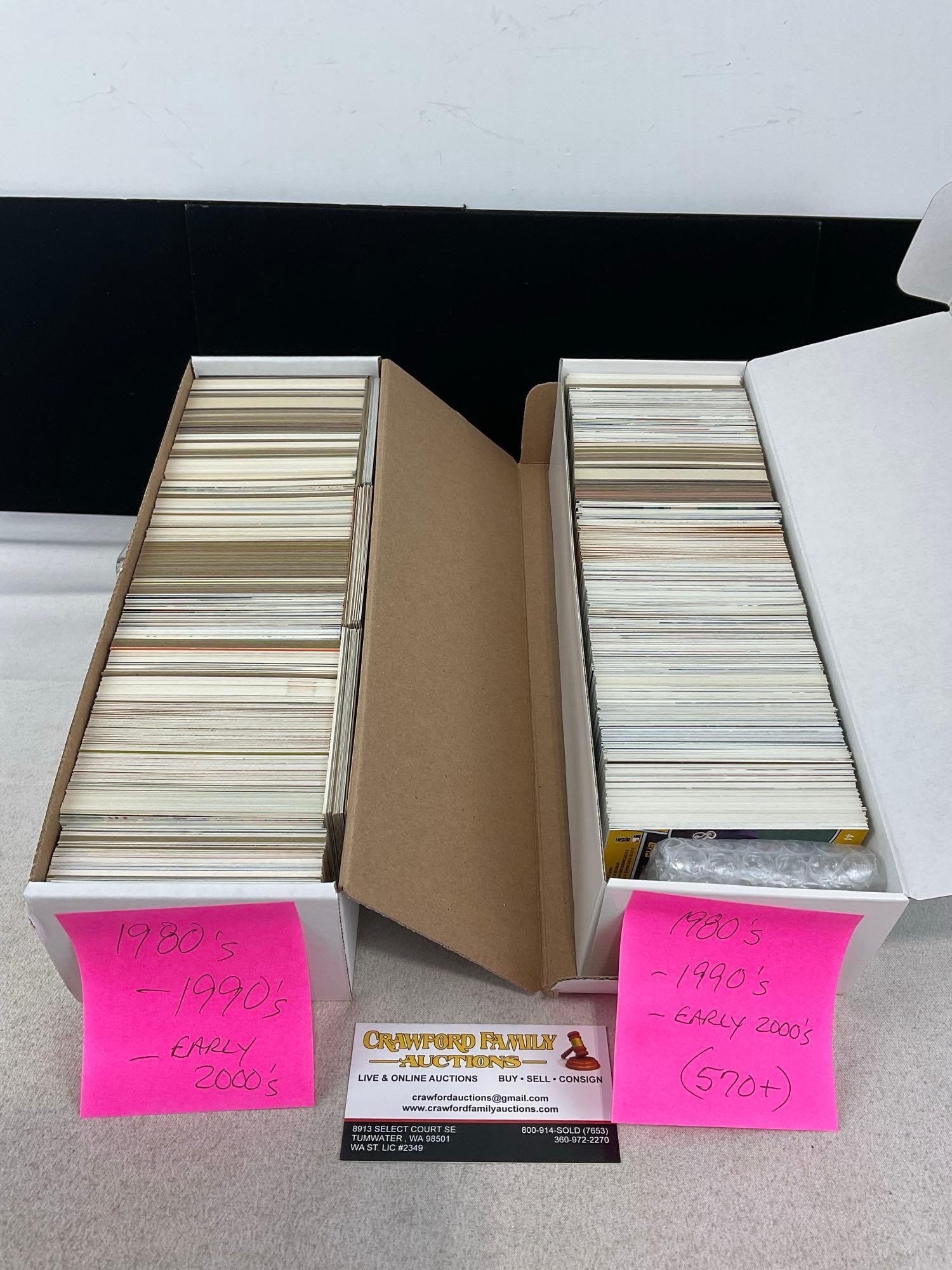 Pair of Baseball Card Boxes, 80s-2000s, 1000+ pieces, Topps, Upper Deck, Pinnacle, Score & more: All from the same collection. Appears to be in good shape. The piece measures approx 7h x 13w x 5d inches. See pics. E-6290