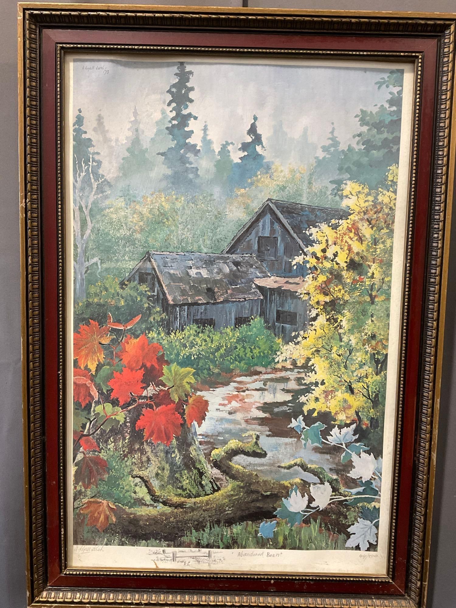 Framed Signed & #d 44/500 Lithograph w/Remarque, Abandoned Barn, by A. Lyall Lush, 30x21 inch: Appears to be in good shape. The piece measures approx 30h x 21w x 3d inches. See pics. E-6410