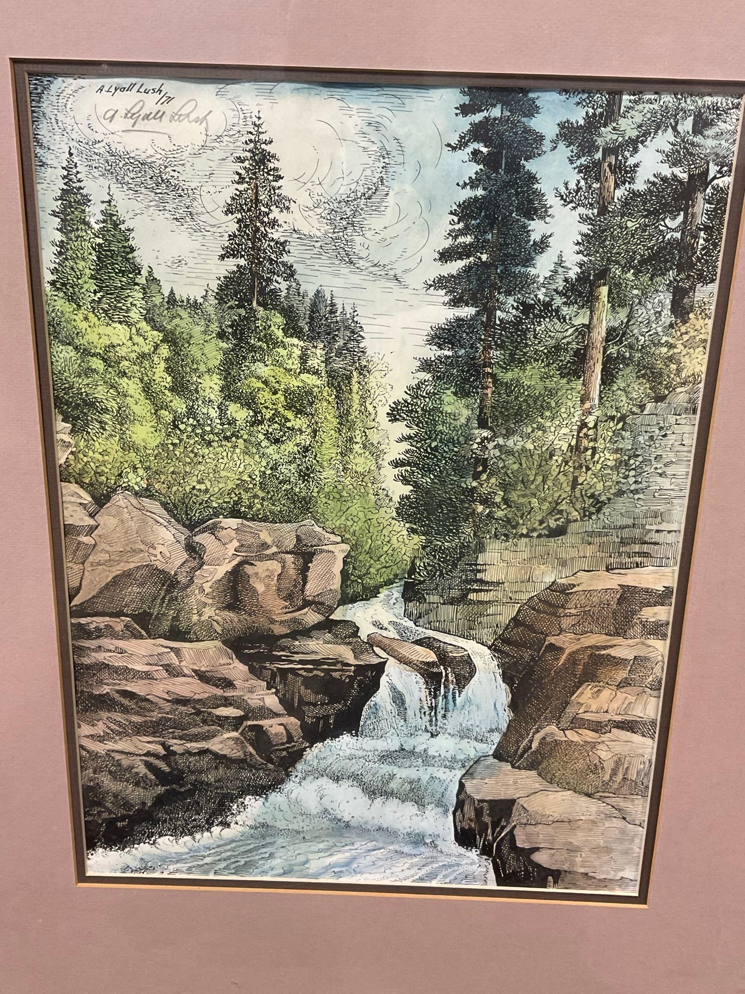 Framed Handcolored Etching Lithograph, Signed by A Lyall Lush, River in the woods, 31x26 inch: Appears to be in good shape. The piece measures approx 31h x 26w x 3d inches. See pics. E-6410