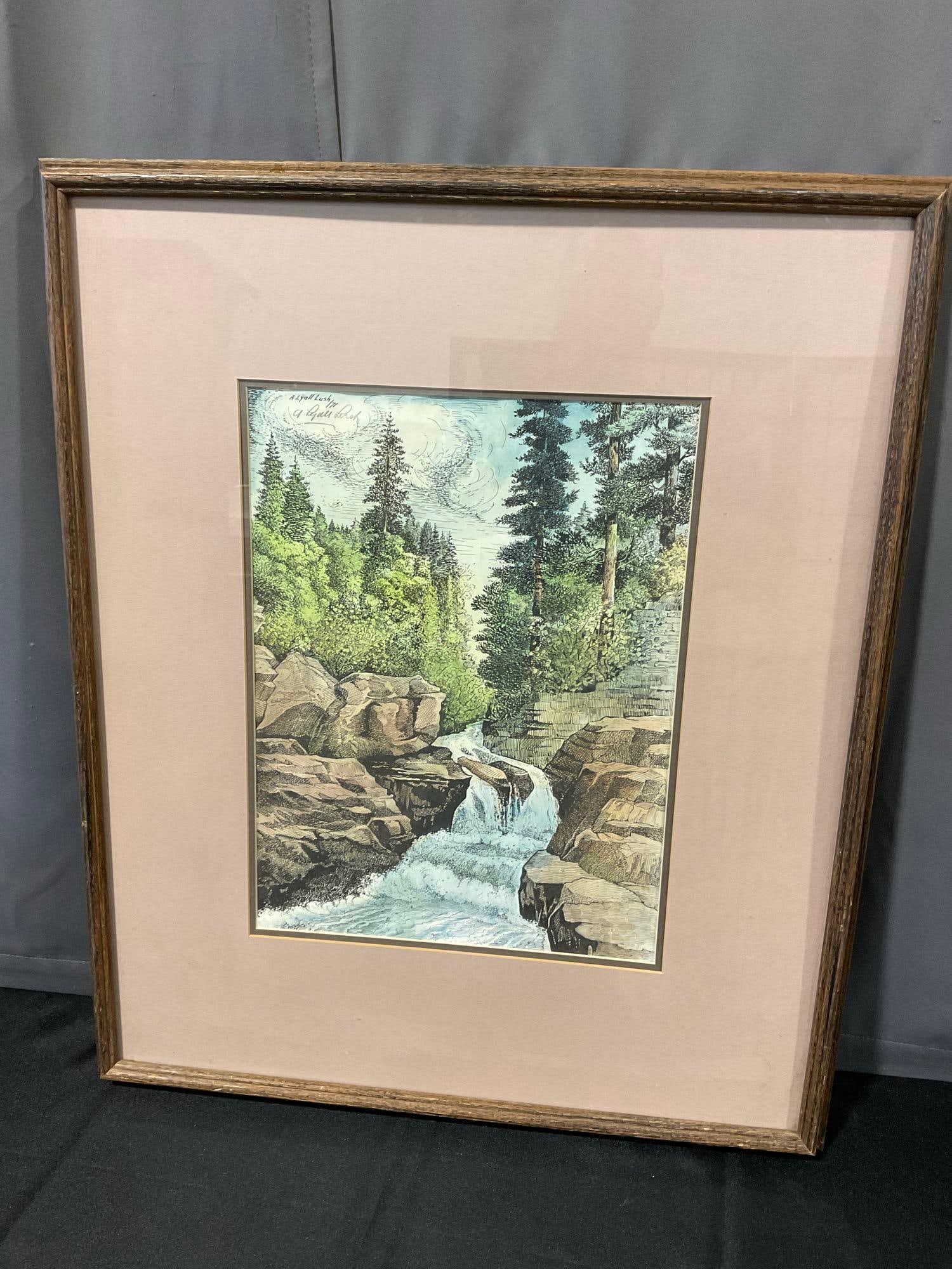 Framed Handcolored Etching Lithograph, Signed by A Lyall Lush, River in the woods, 31x26 inch - 2