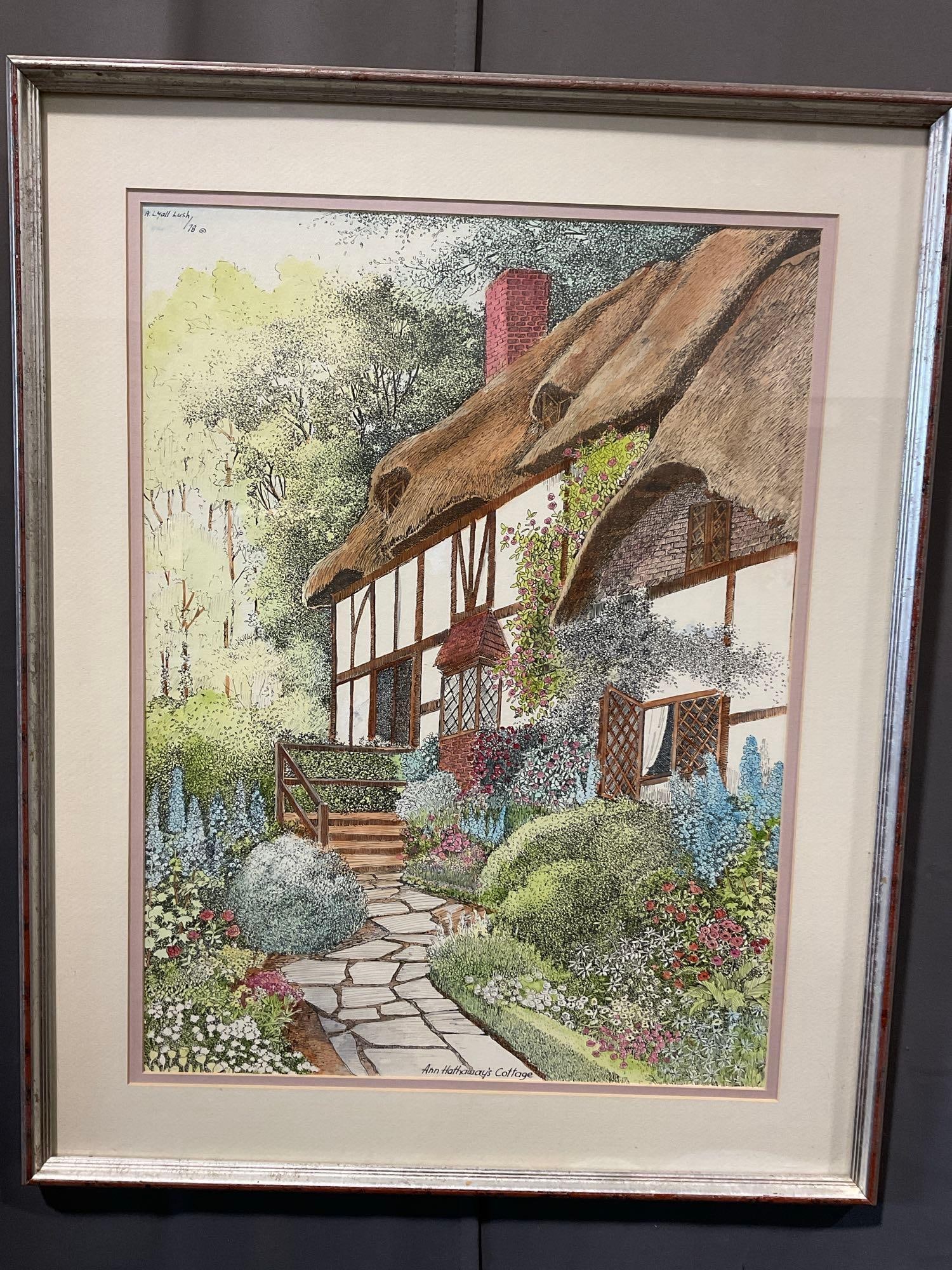 Framed Signed Lithograph, Ann Hathaways Cottage by A. Lyall Lush, 31x25 inch: Appears to be in good shape. The piece measures approx 31h x 25w x 3d inches. See pics. E-6410