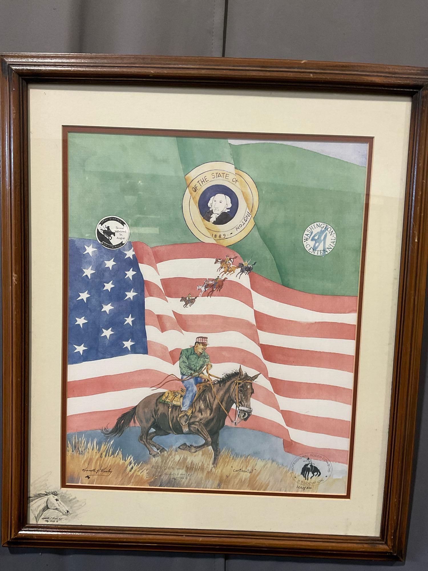 Framed Signed & #d 126/500 Litho titled Centennial, by Kenneth J. Hurley, 27x23 inch: Appears to be in good shape. The piece measures approx 27h x 23w x 3d inches. See pics. E-6410