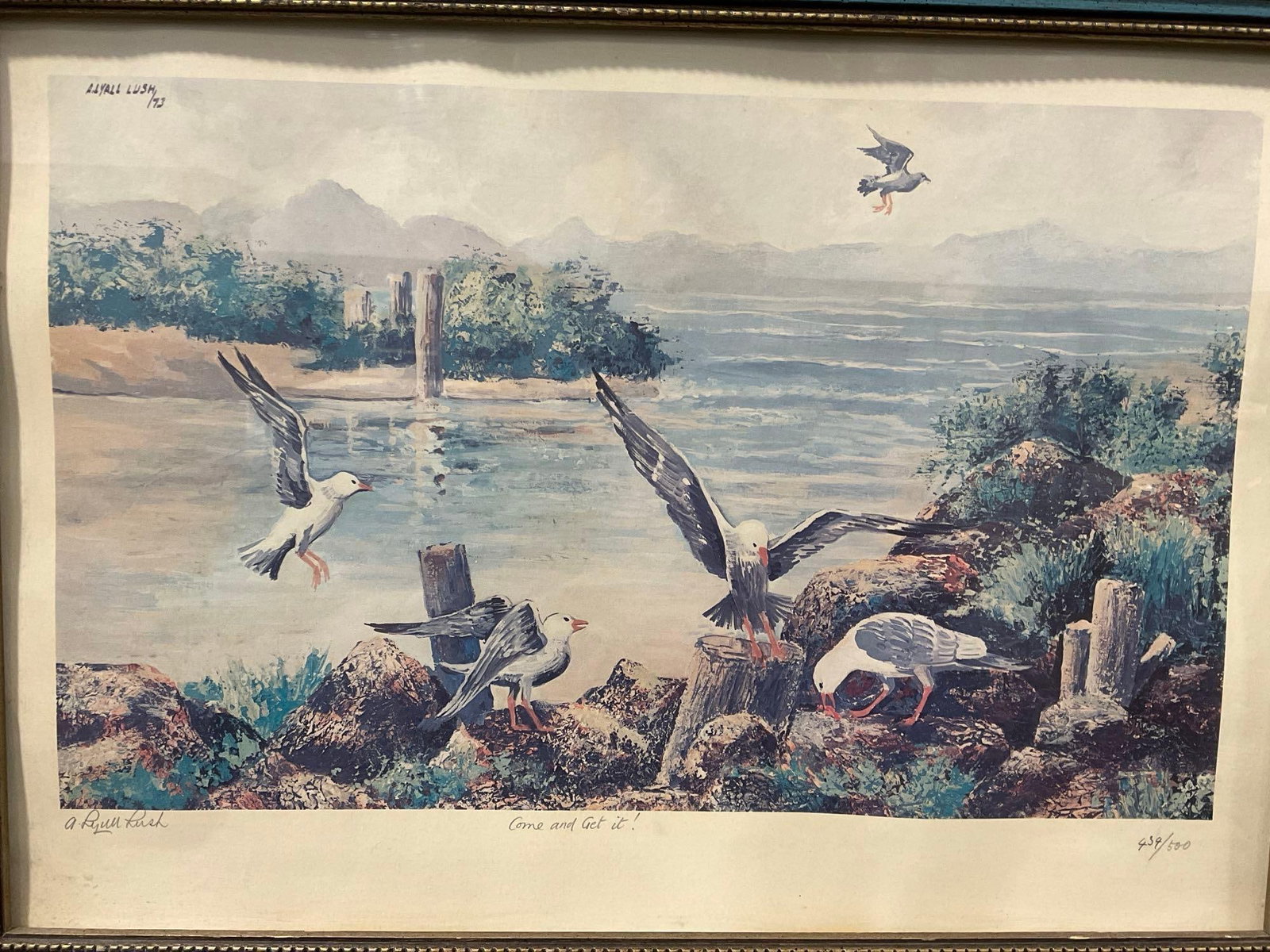 Framed Signed & #d 434/500, titled Come and Get It! by A. Lyall Lush, 17x23 inch: Appears to be in good shape. The piece measures approx 17h x 23w x 3d inches. See pics. E-6410