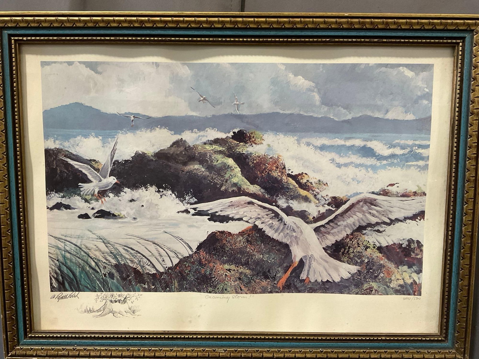 Framed Signed & #d 484/520 Litho w/Remarque, titled Oncoming Storm! by A. Lyall Lush, 17x23 inch: Appears to be in good shape. The piece measures approx 17h x 23w x 3d inches. See pics. E-6410
