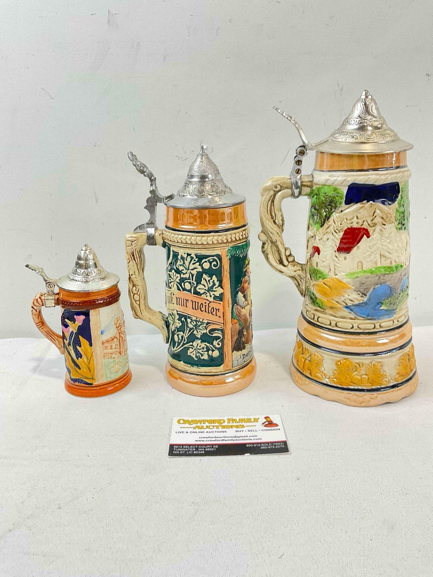 3 pcs Vintage Ceramic Beer Steins, incl. 1x Japanese Music Box. Fair Condition. See pics. (1 of 5)