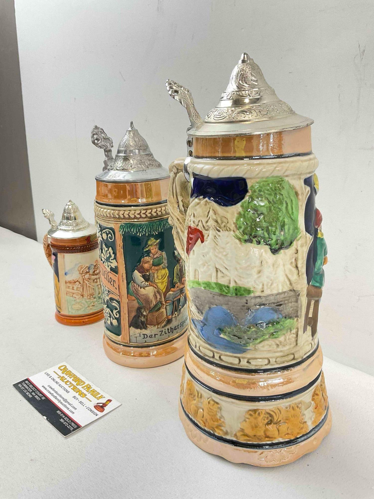 3 pcs Vintage Ceramic Beer Steins, incl. 1x Japanese Music Box. Fair Condition. See pics. - 3