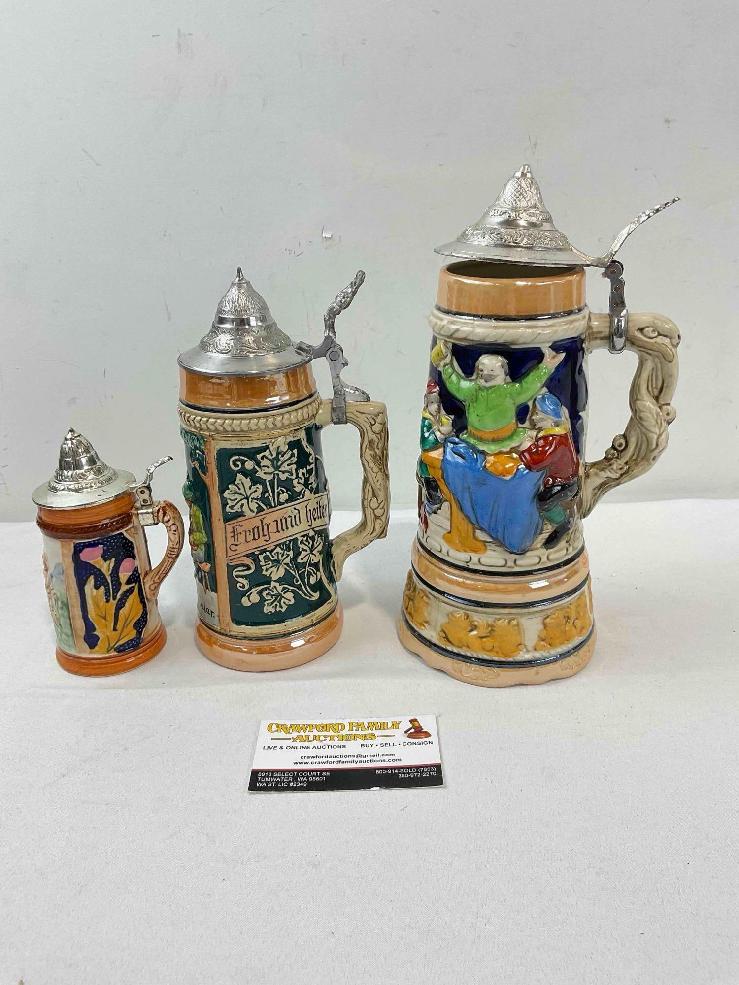 3 pcs Vintage Ceramic Beer Steins, incl. 1x Japanese Music Box. Fair Condition. See pics. - 5