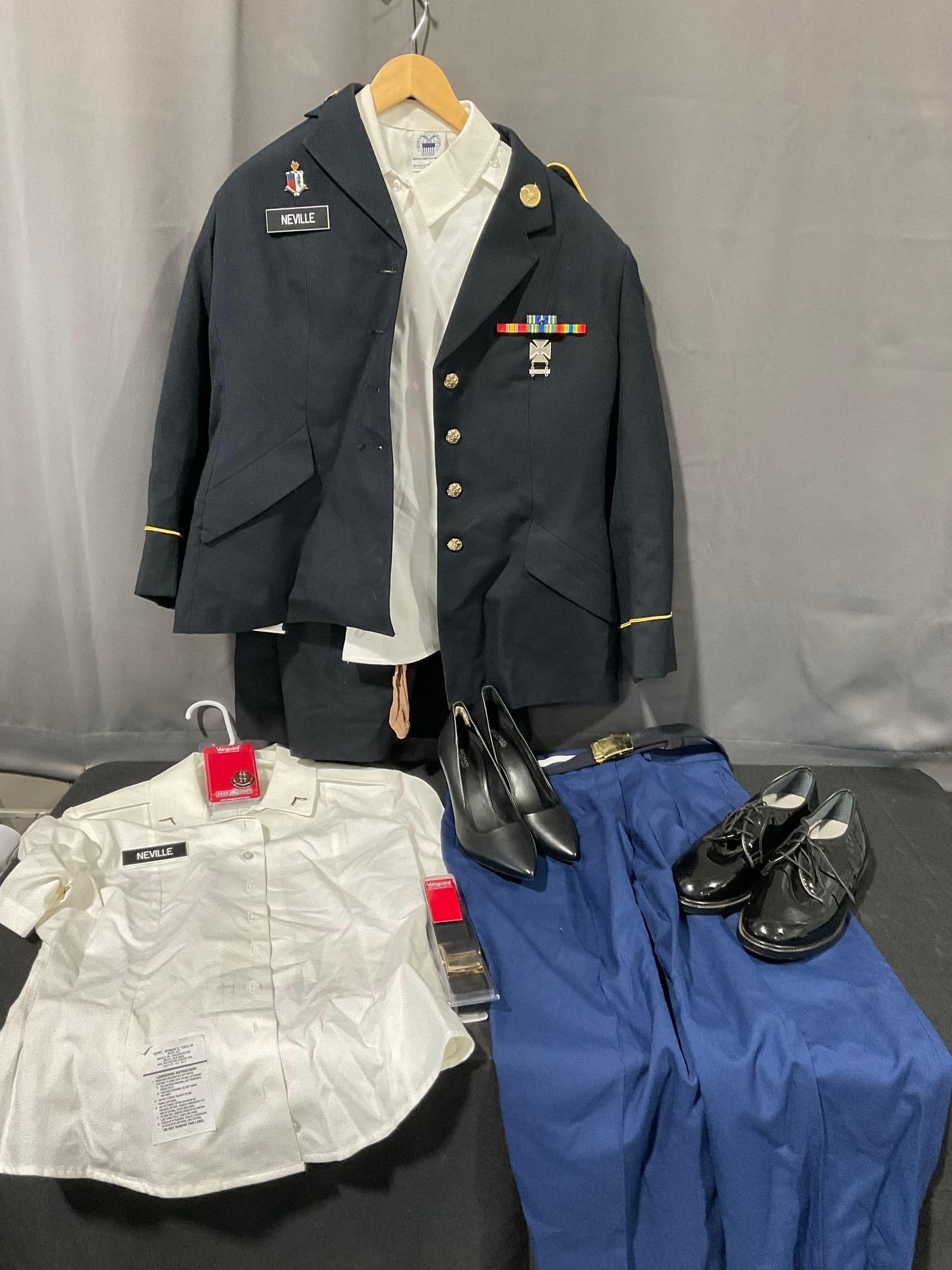 US Army Womens Uniform Dress Blue Jacket, Shirts, & Skirt, Pants, Shoes & Heels: Appears to be in good shape. The suit bag piece measures approx 39h x 23w x 4d inches, can be folded. See pics. E-5880