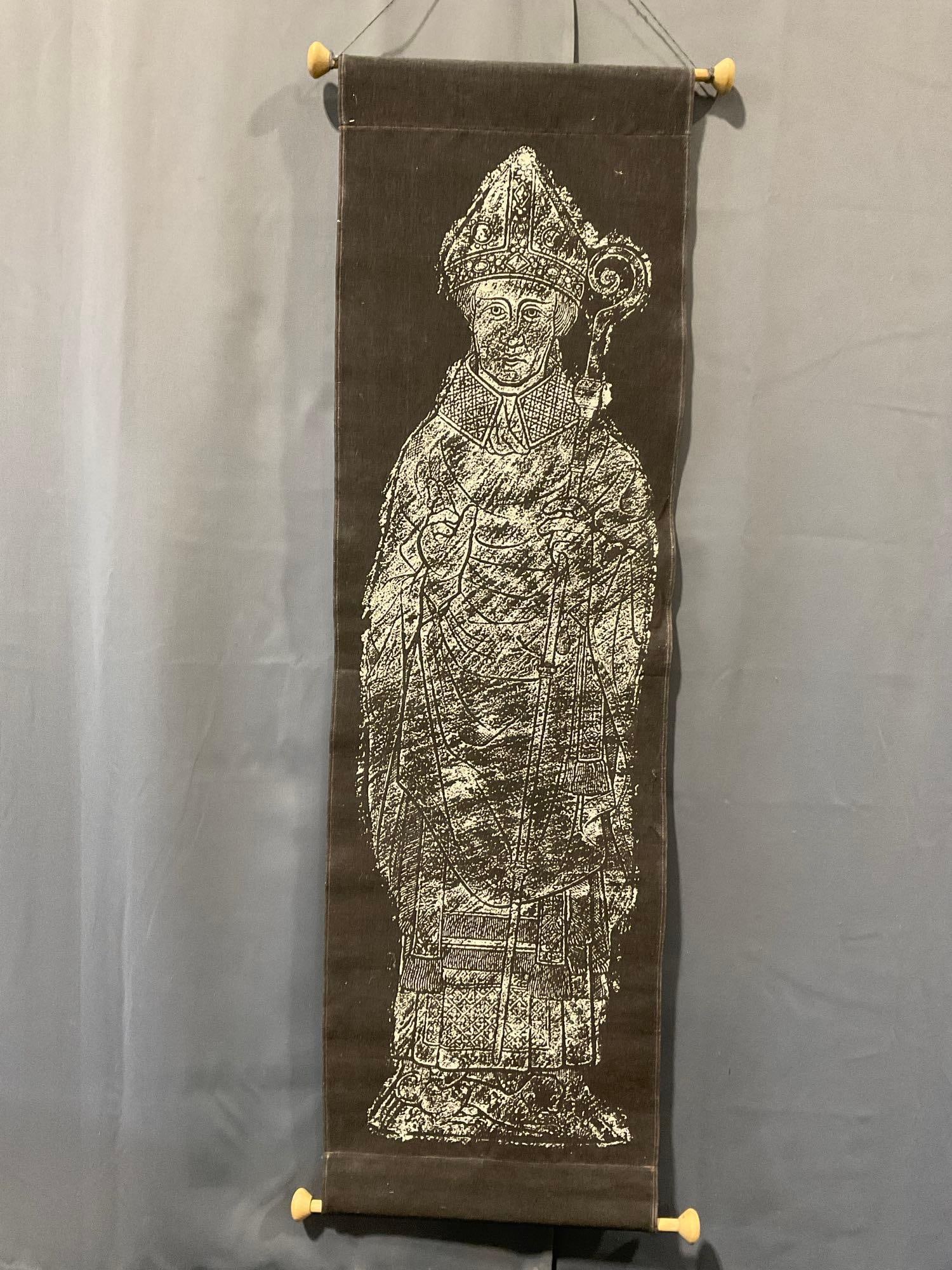 Irish Kilkenny Fabric Thin Tapestry, Saint Icon Brass Rubbing design: Appears to be in good shape. The piece measures approx 18h x 4w x 4d inches. See pics. E-5360