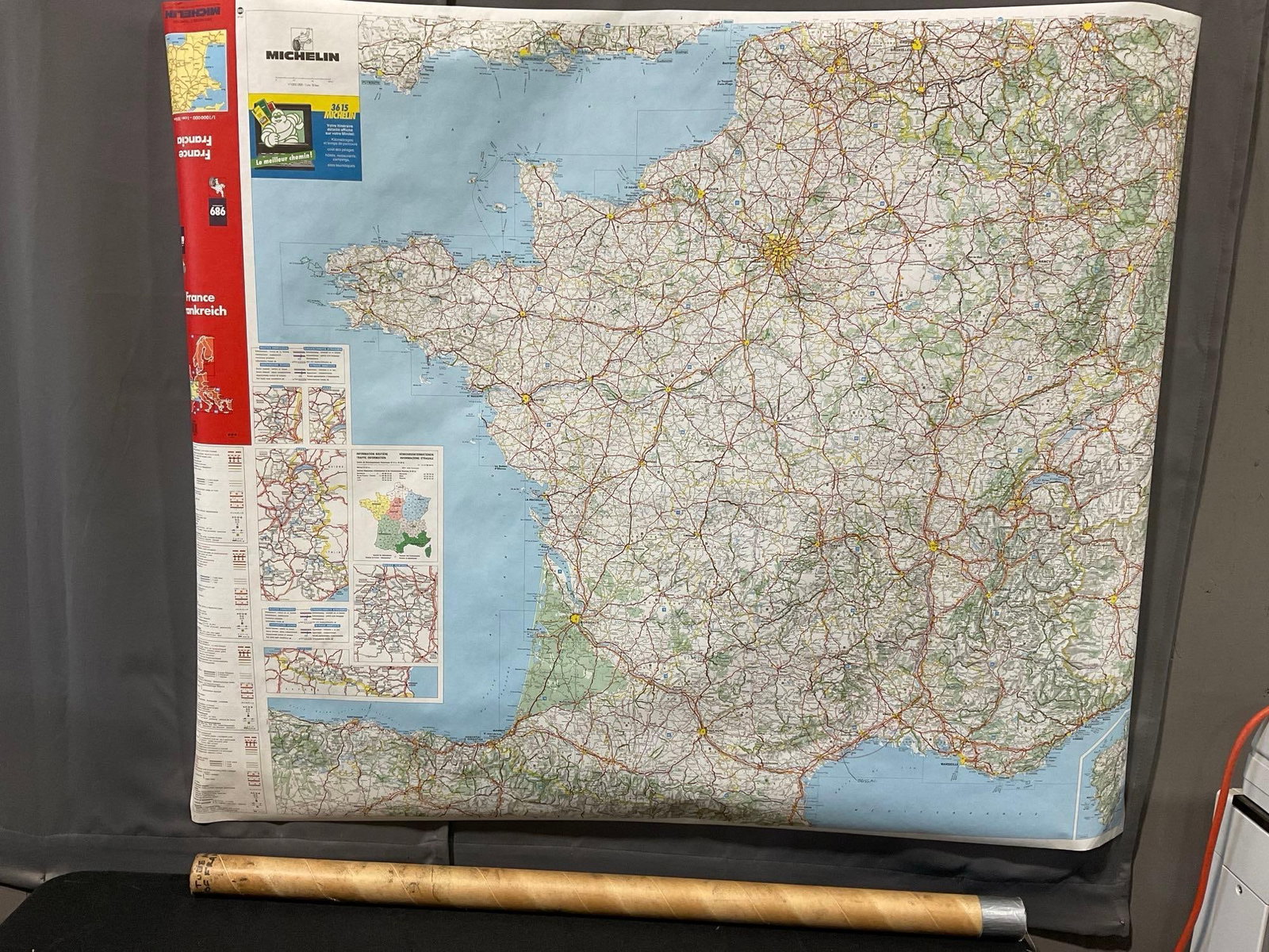 Michelin Tires France Map, #3615, Road Map, Rolled up: Appears to be in good shape. The piece measures approx 41h x 3w x 3d inches. See pics. E-5360