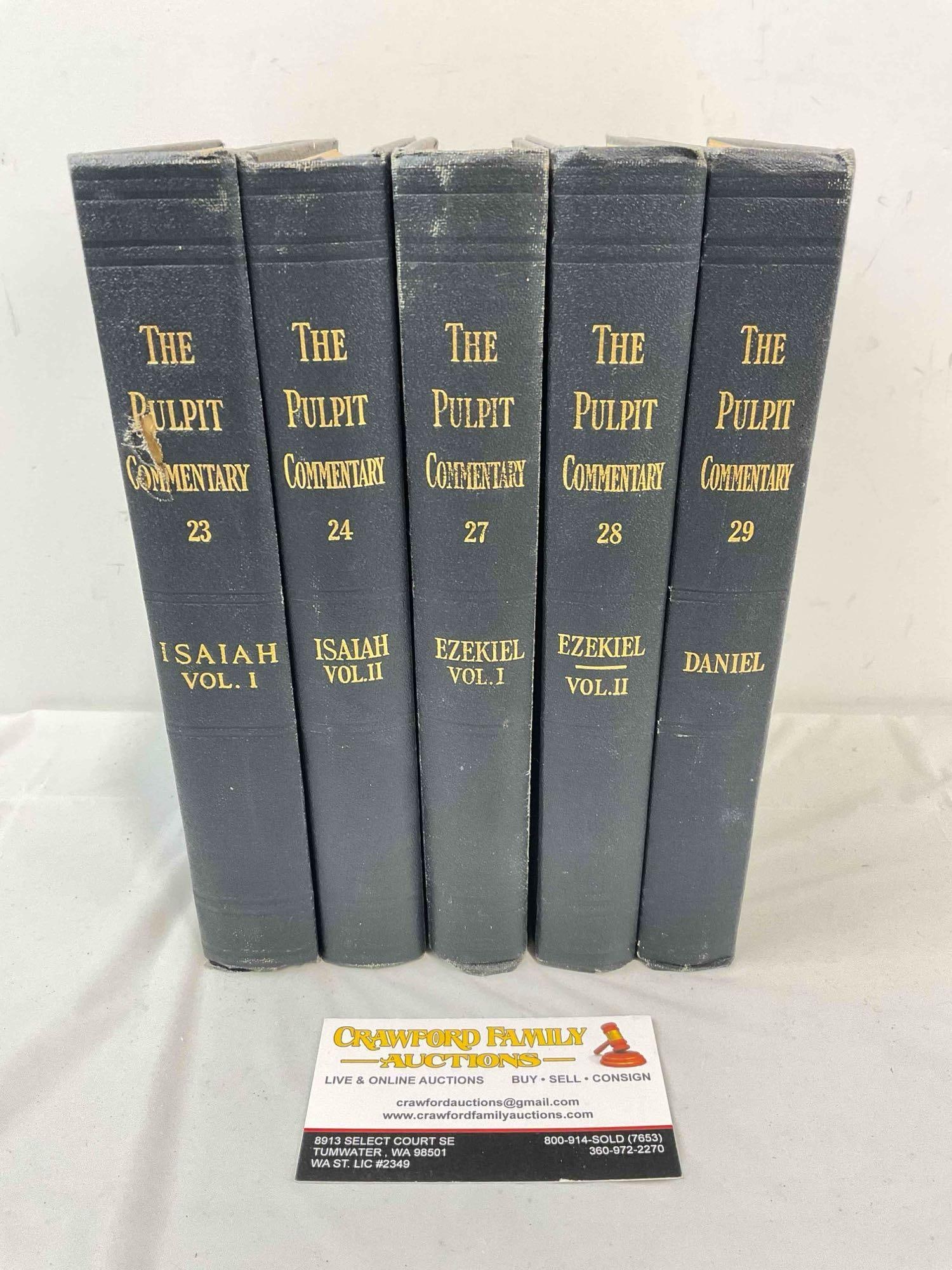 5 pcs Vintage Hardcover Books "The Pulpit Commentary" Vols. 23-24 & 27-29. See pics.: 5 pcs Vintage Hardcover Books "The Pulpit Commentary" Vols. 23-24 & 27-29. Likely produced during the 1940s. Includes Isiah vol. 1-2, Ezekiel vol. 1-2 & Daniel. Minor wear indicative of age