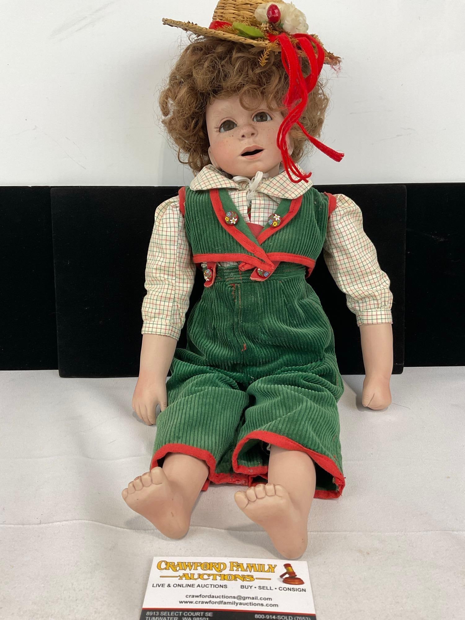Vintage Porcelain Bavarian Style Boy Doll, Green & Red Trim Corduroy, Straw Hat, 20 x 7 x 7 inches: The doll is marked on the back of the neck, looks like Felux 3/25-88 A.B. Appears to be in good shape. The piece measures approx 20h x 7w x 7d inches. See pics. E-5520