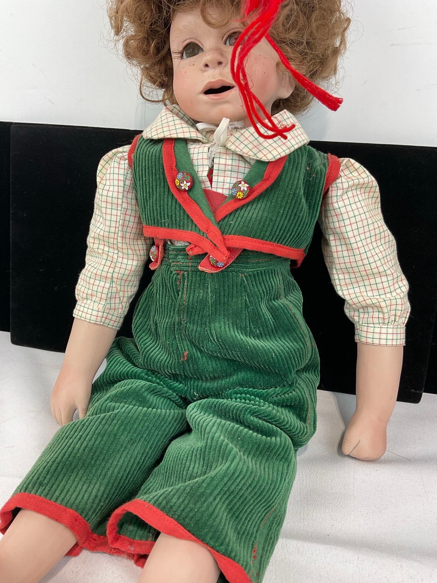Vintage Porcelain Bavarian Style Boy Doll, Green & Red Trim Corduroy, Straw Hat, 20 x 7 x 7 inches - 3