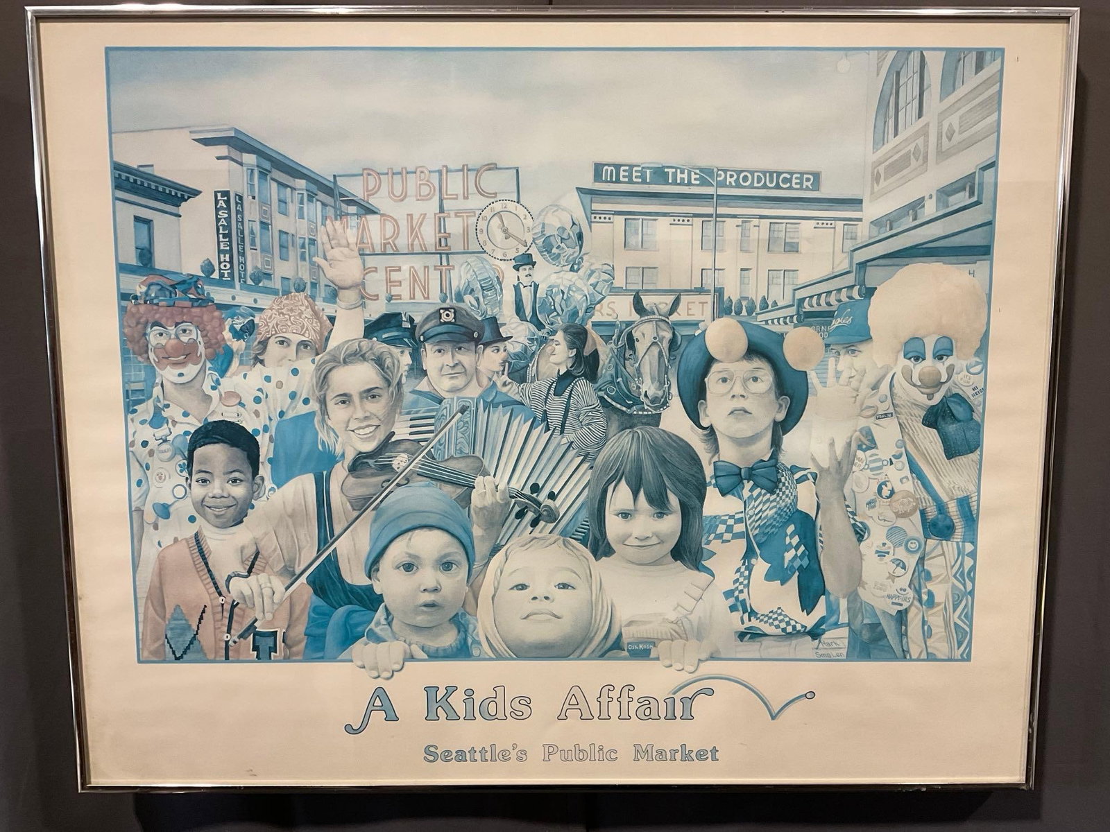 Framed Poster, A Kids Affair Seattles Public Market, artwork by Mark Smolen, 23h x 29w x 3d inches: Print of Gustav Klimts The Kiss is on the back of this piece and Appears to be in good shape. The piece measures approx 23h x 29w x 3d inches. See pics. E-5600