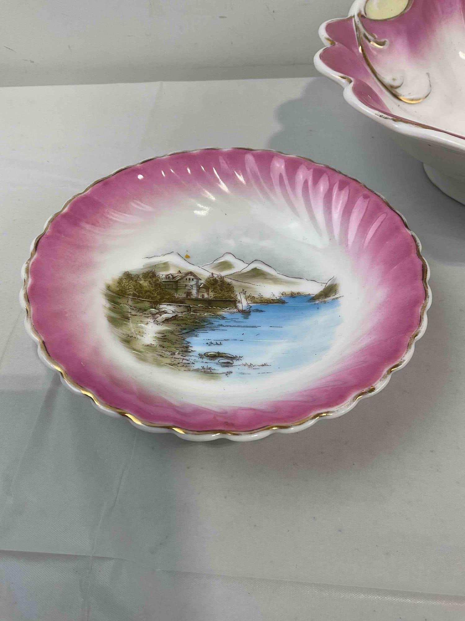 4 pcs Vintage White & Pink Porcelain Dishes w/ Hand Painted Beach Scenes. Excellent Condition. - 4