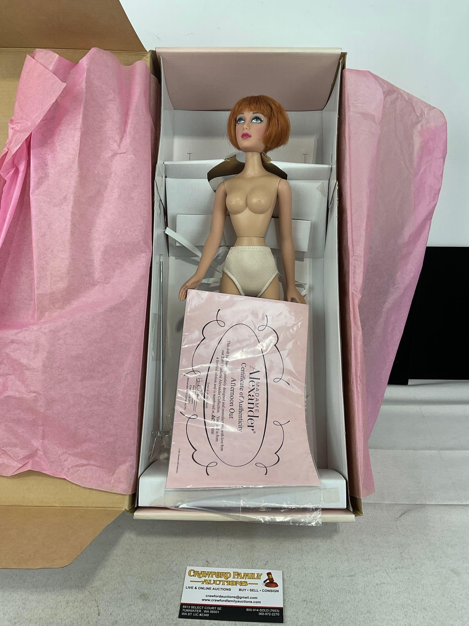 Madame Alexander Doll, in original box, 16 inch doll, titled Afternoon Out, #d 605/1000 w/COA: Appears to be in good shape. The piece measures approx 20h x 9w x 6d inches. See pics. E-6160