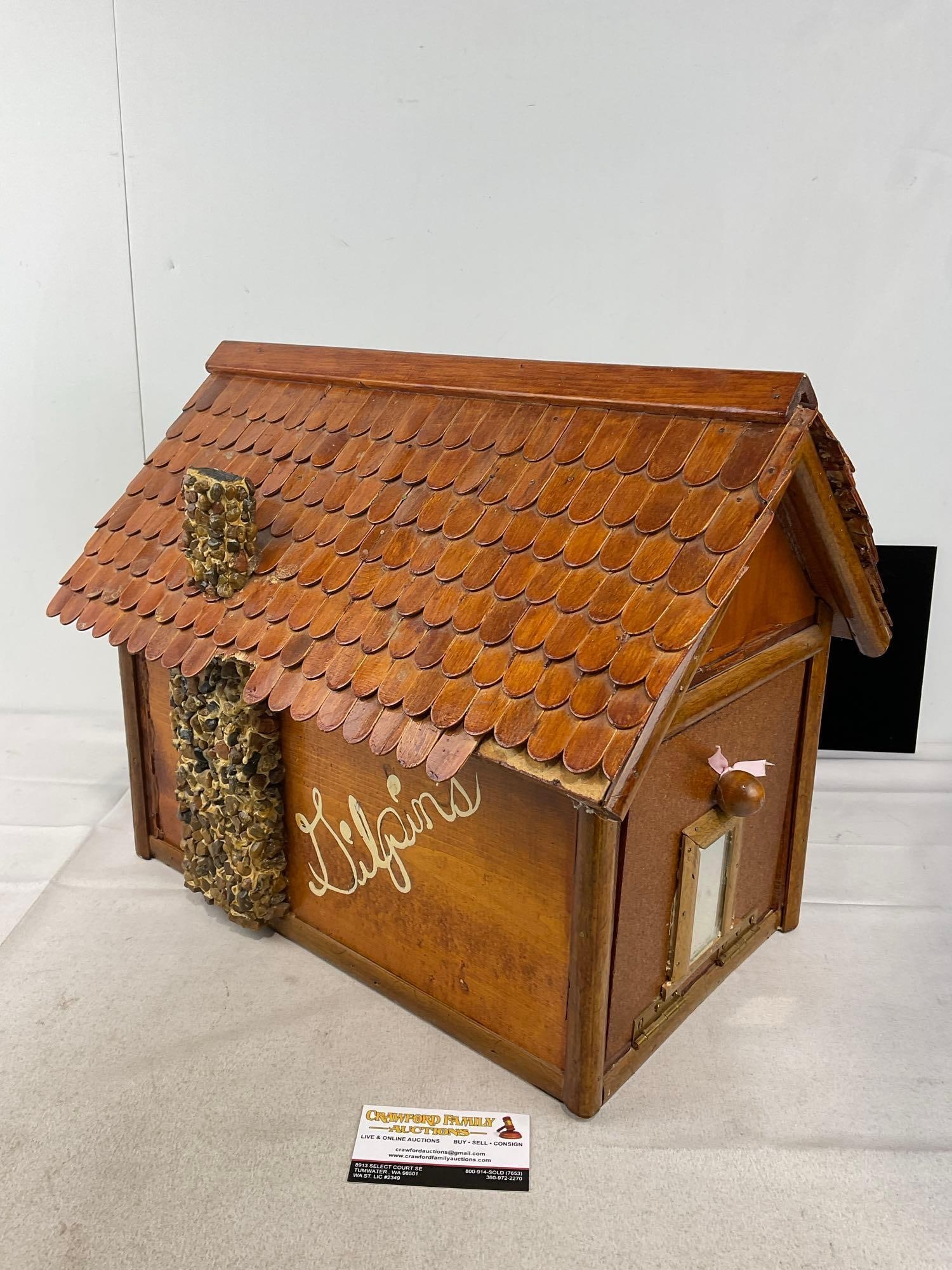 Folk Art Wooden House w/chimney, 16x19x15 inches, w/popsicle stick shingles: Marked in paint on the side: Gilpins. Appears to be in fair to good shape. The piece measures approx 16h x 19w x 15d inches. See pics. E-6160