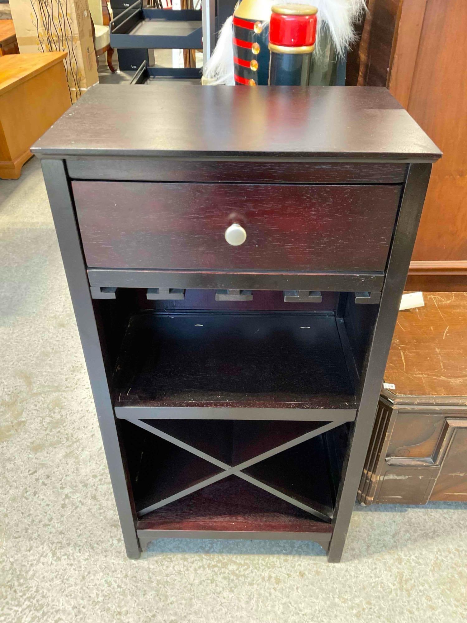 Modern Dark Rosewood Finish Wine Storage Rack w/ Drawer. Good Condition. See pics.: Modern Dark Rosewood Finish Wine Storage Rack w/ Drawer. Good Condition. Measures 19" x 13" x 38" Minor wear indicative of age and use, otherwise looks to be in good condition. DM-6190 *Freight