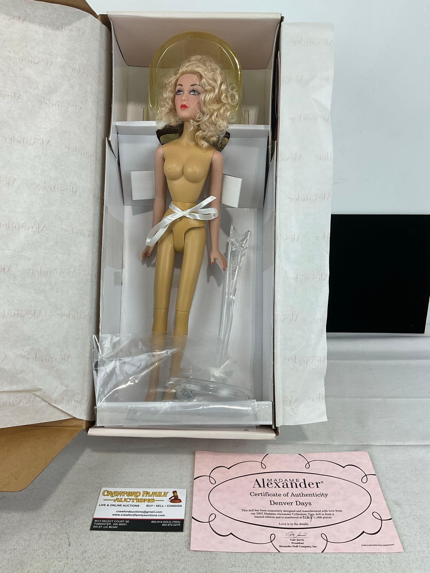 2002 Madame Alexander Doll, 16 inch in original box, Denver Days, #d 149/1000: Appears to be in good shape. The piece measures approx 19h x 9w x 5d inches. See pics. E-6160