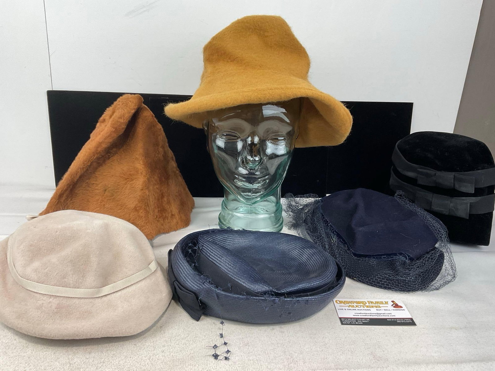 Collection of 6 1940s-50s Hats, variety of brands, Velour, Brushed Felt Cloche, few Pillbox hats: Appears to be in good shape. The piece measures approx 6h x 12w x 12d inches. See pics. E-6160